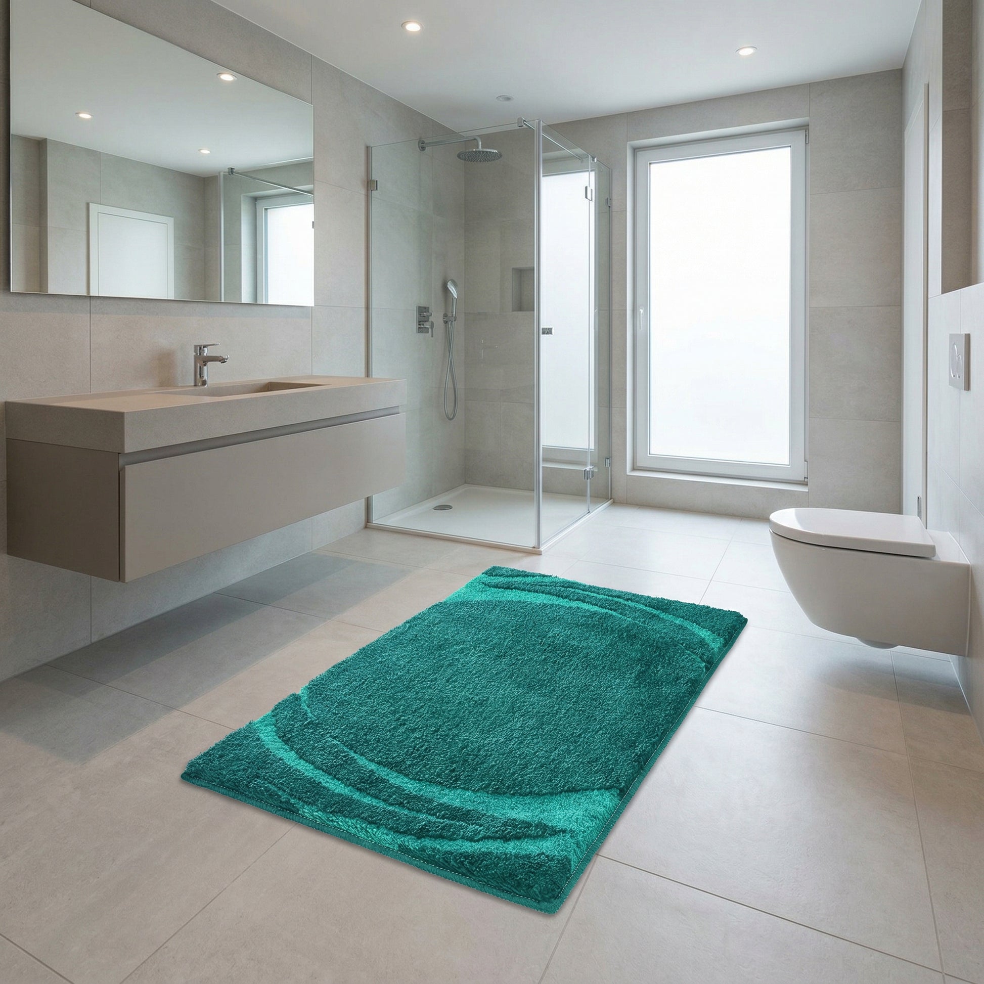 Türkisfarbener Badteppich vor Waschtisch in moderner Duschbad mit WC