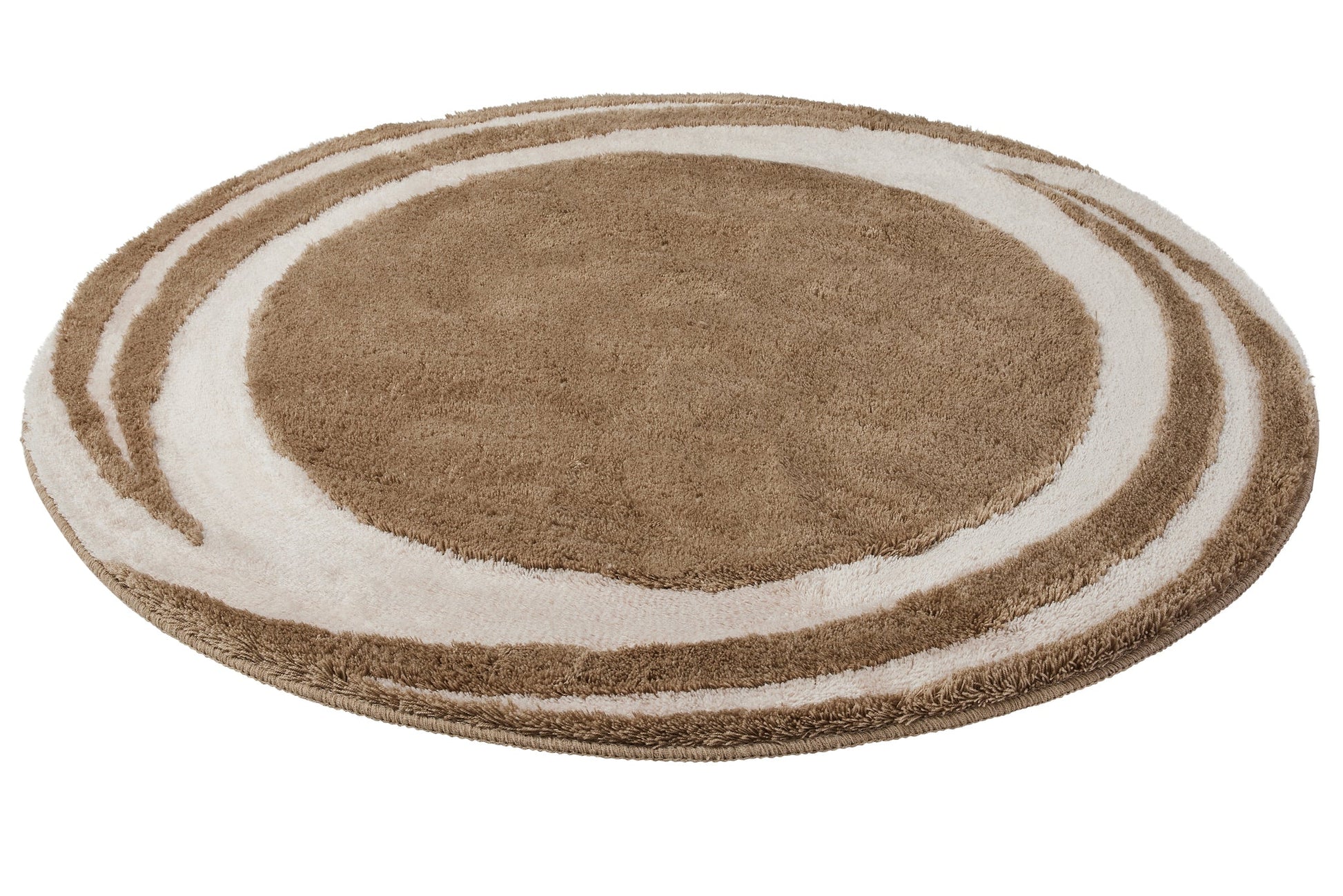 Runder Badteppich MYSTIC Taupe 100 cm mit weißen Kreisen liegt flach auf dem Boden.