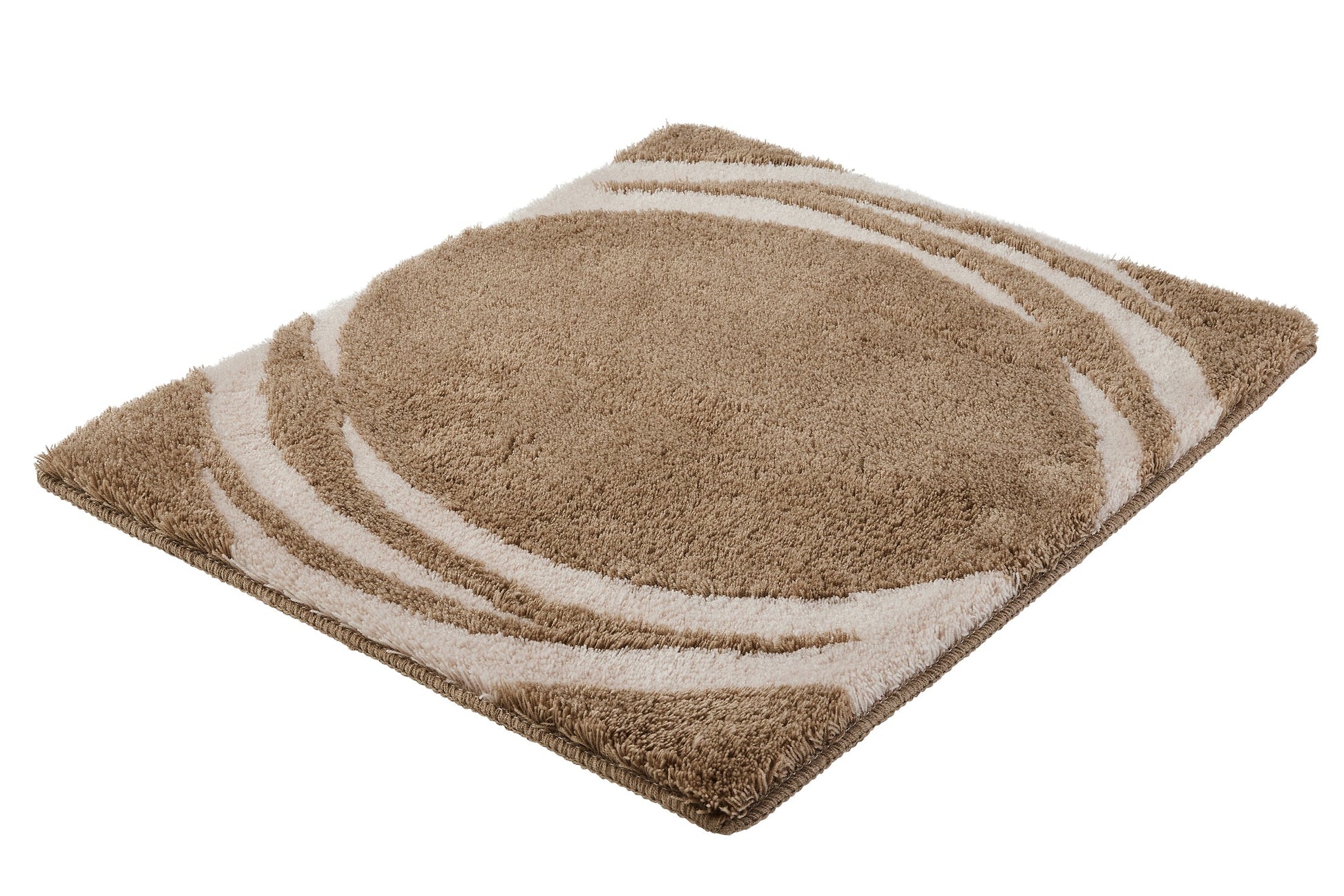 Badteppich MYSTIC Taupe 55 x 65 cm liegt flach und zeigt ein rundes, zweifarbiges Wellenmuster.