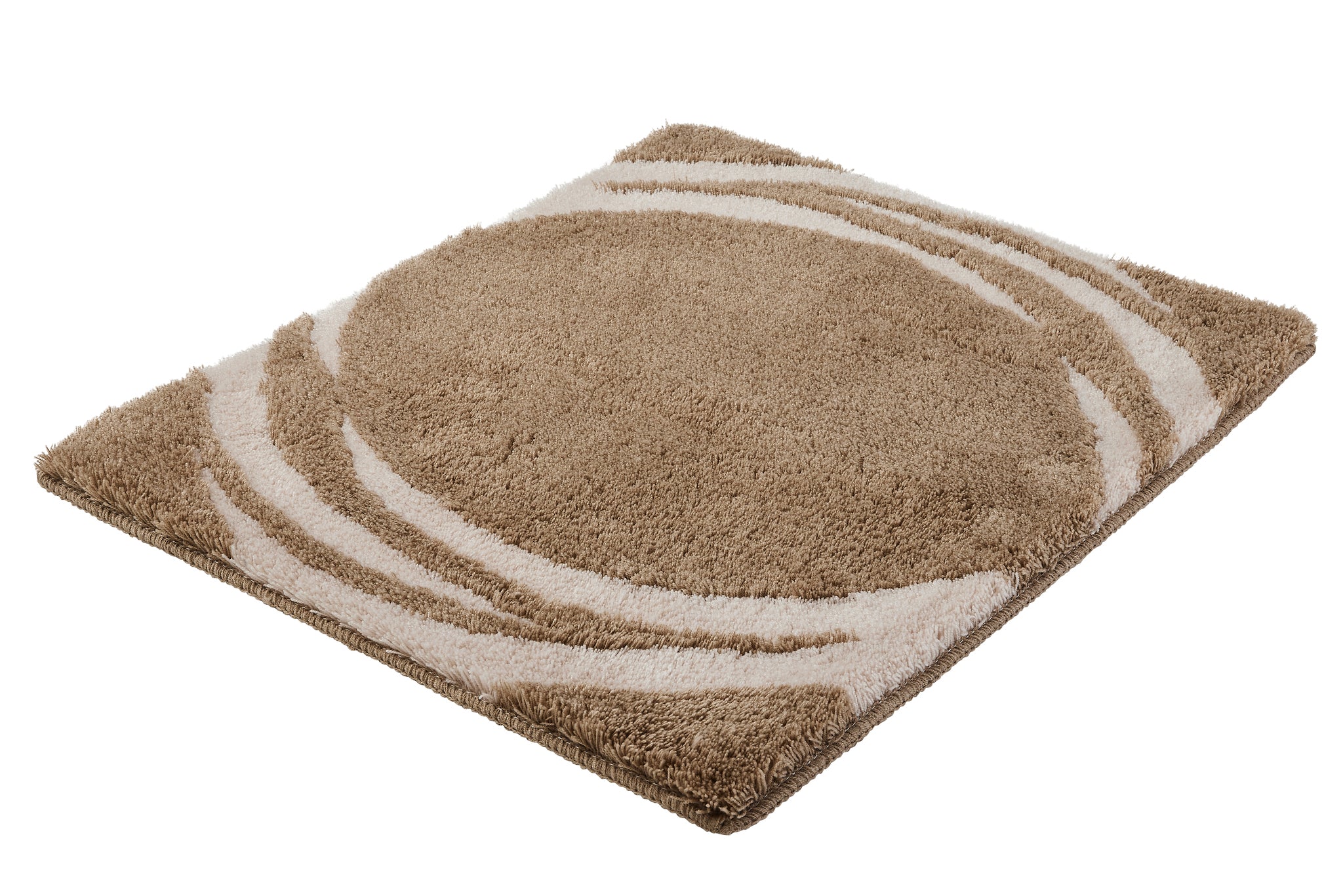Badteppich MYSTIC Taupe 55 x 65 cm liegt flach und zeigt ein rundes, zweifarbiges Wellenmuster.