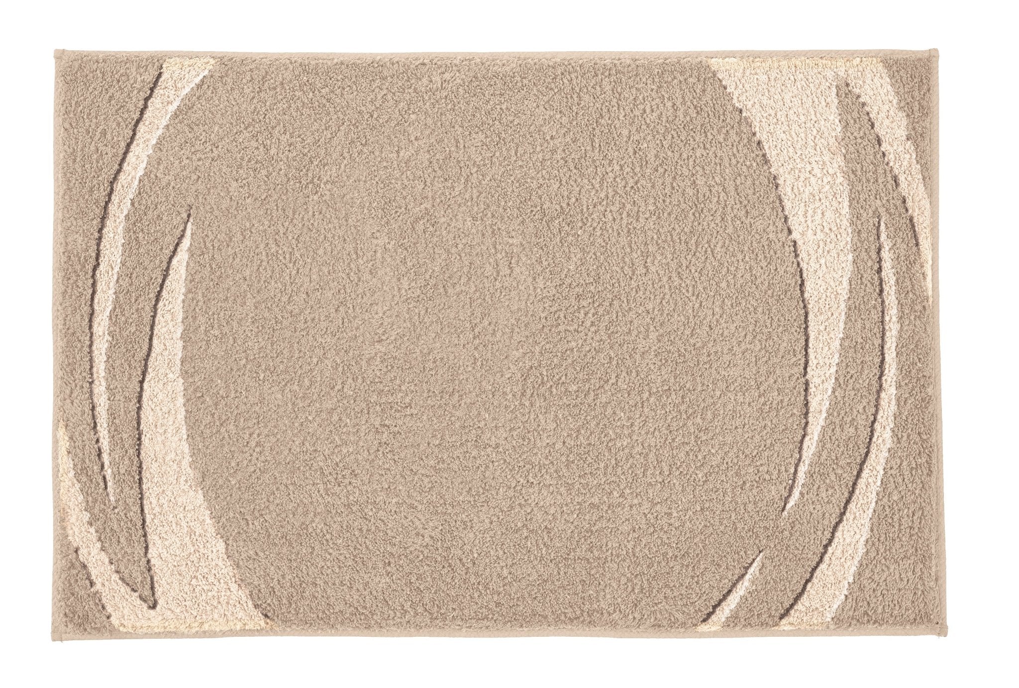 Badteppich MYSTIC Taupe 60 x 90 cm mit geschwungenem Muster liegt flach auf hellem Untergrund.