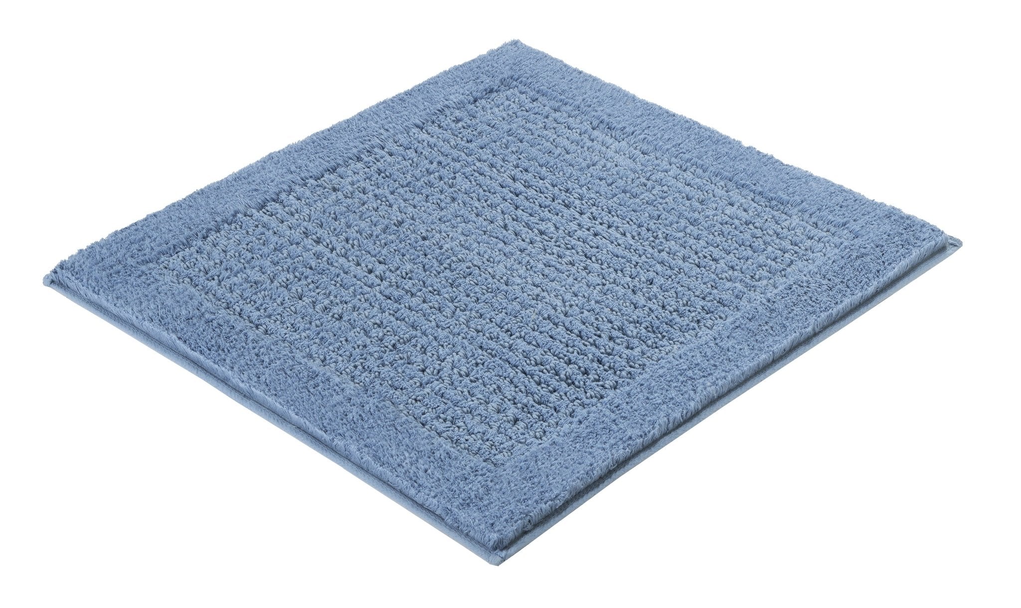Badteppich NET in Stahlblau mit Struktur, quadratisch, teilweise von oben gezeigt.