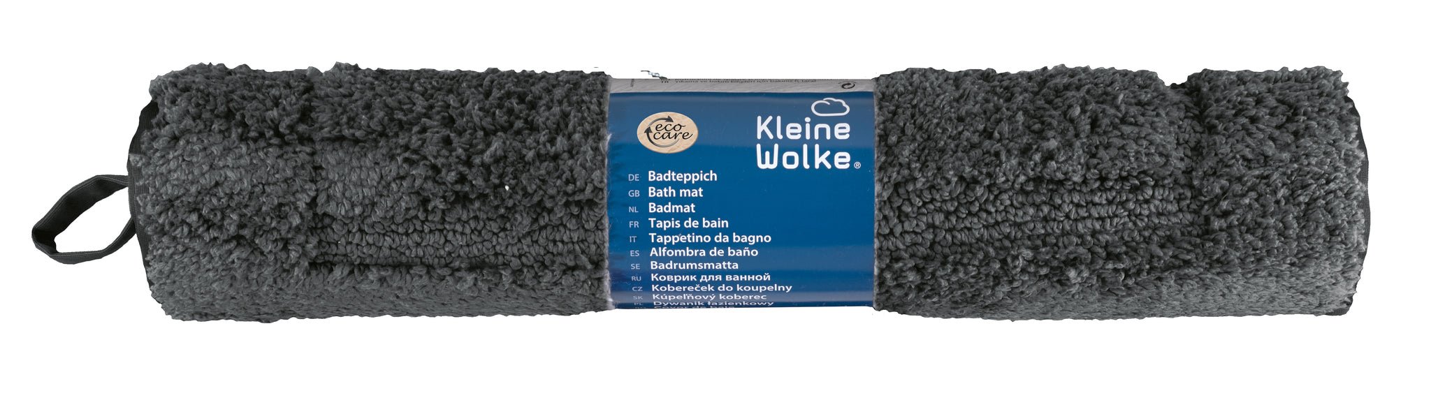 Gerollter Badteppich NICO in Anthrazit 50 x 80 cm mit blauer Banderole von Kleine Wolke.