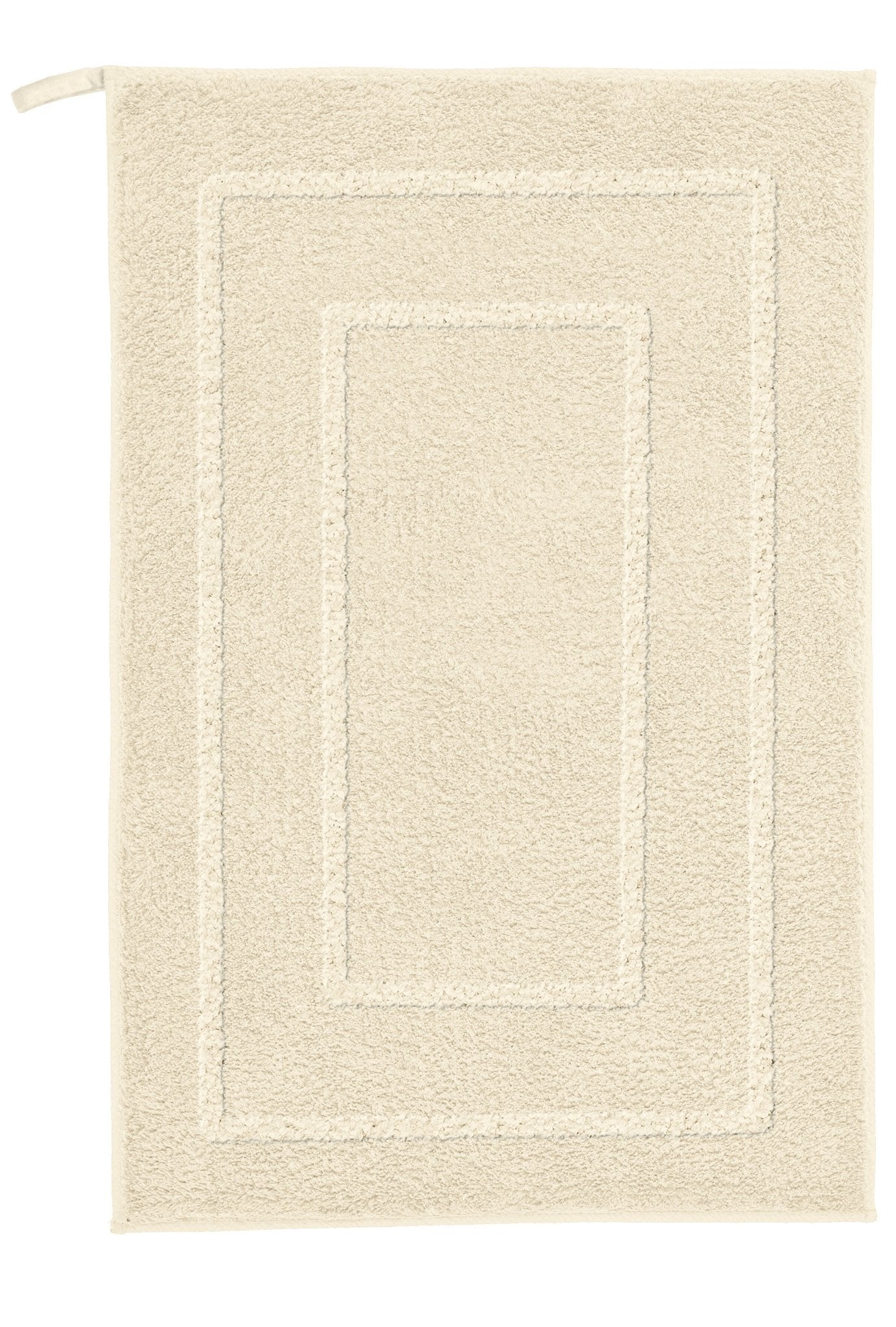 Badteppich NICO Sandbeige 50 x 60 cm liegt flach und zeigt sein rechteckiges Hoch-Tief-Muster.