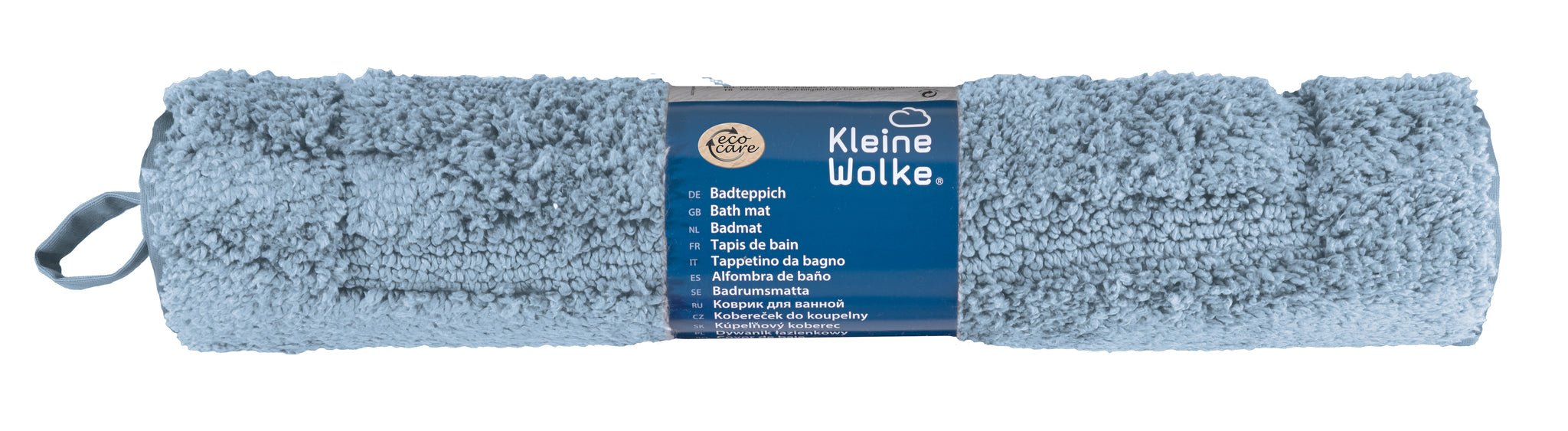 Badteppich NICO in Stahlblau, gerollt mit Banderole, Modell 50 x 80 cm von Kleine Wolke.
