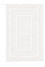 Der Badteppich NICO in Weiß mit rechteckigem Randmuster liegt flach in der Größe 50 x 60 cm.