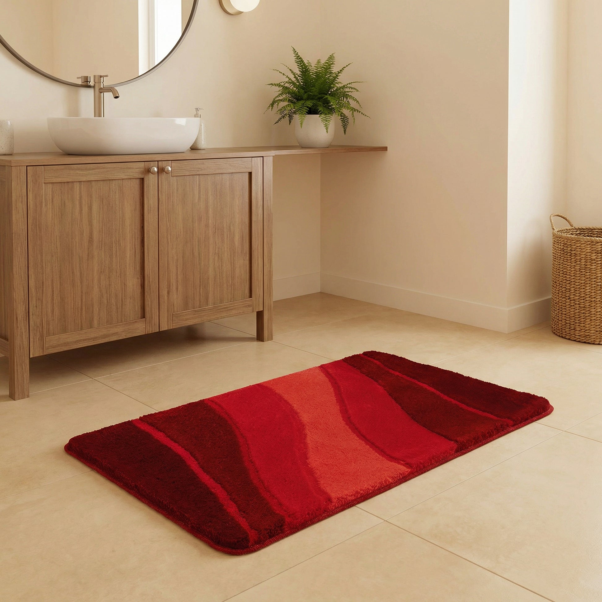Roter Badteppich mit Wellenmuster vor Holzwaschtisch im modernen Bad