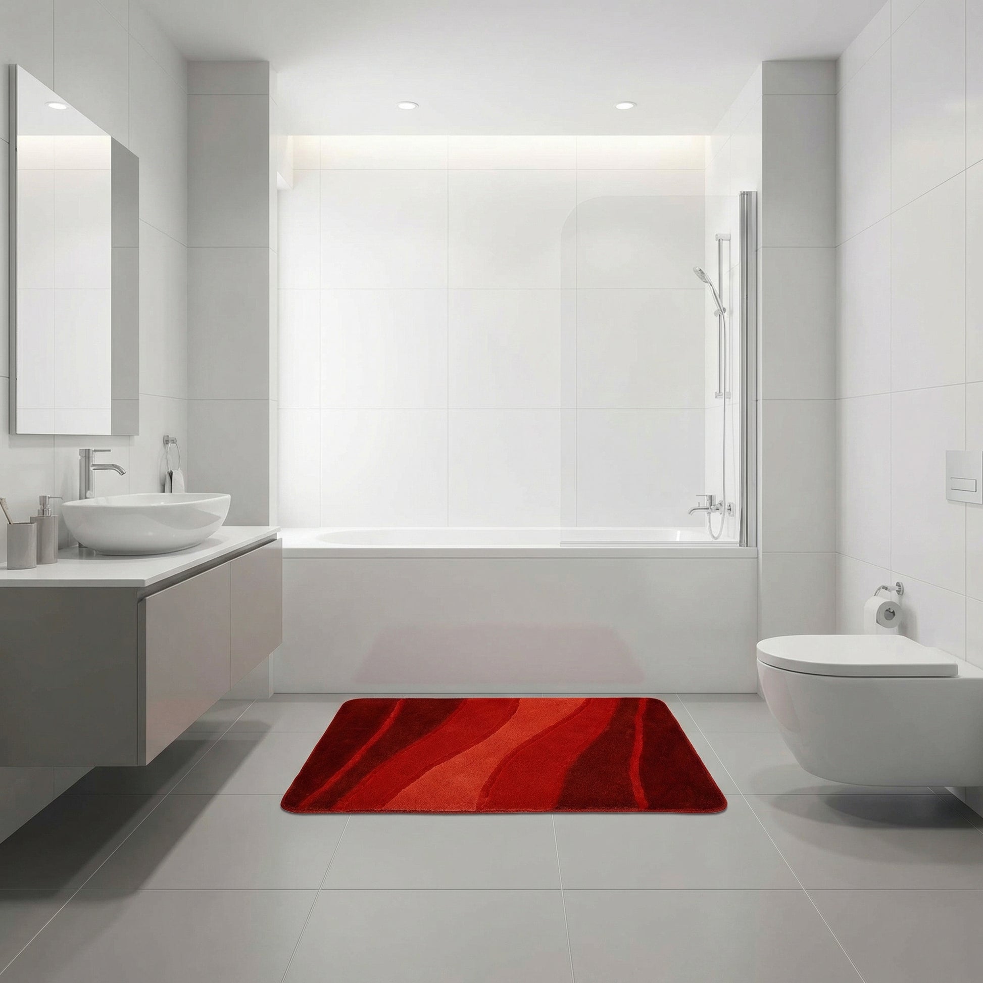Modernes weißes Bad mit Badewanne und rotem Teppich vor dem WC im Bad