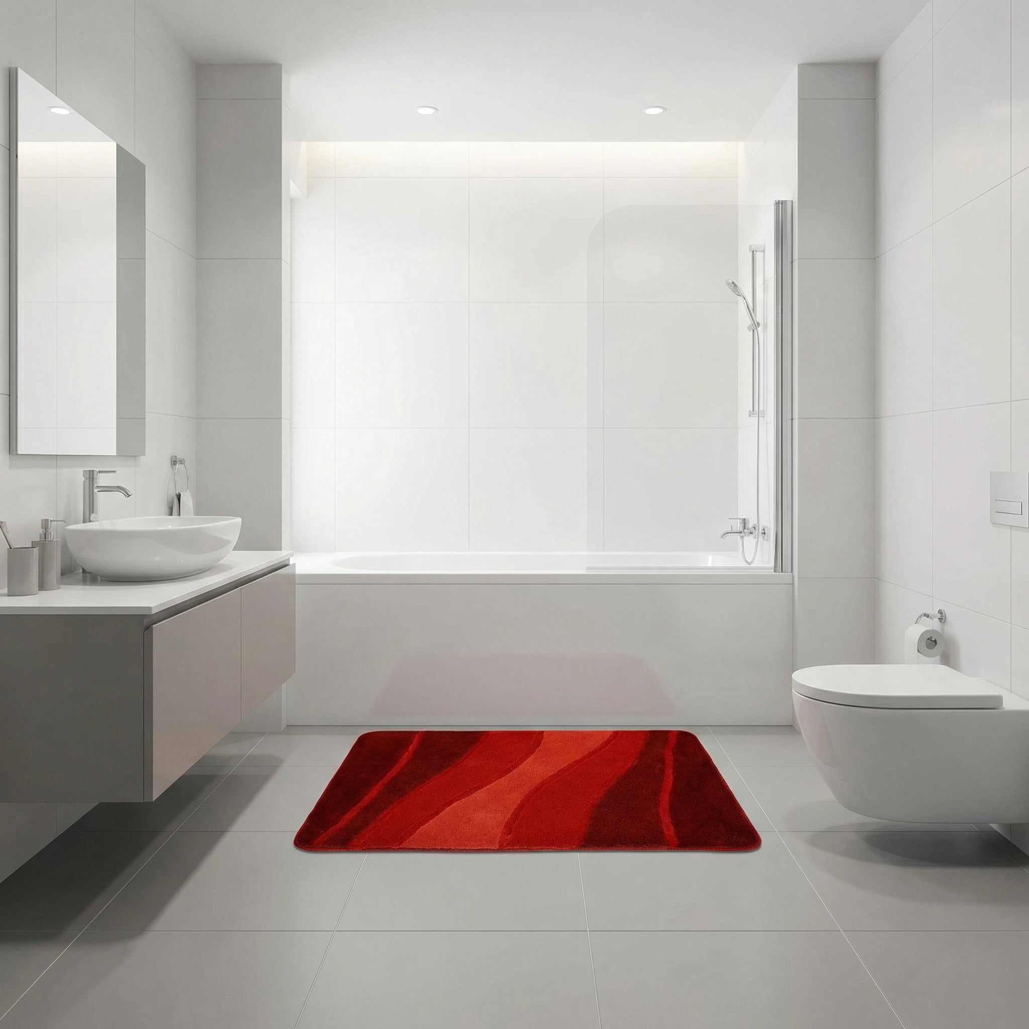 Modernes weißes Bad mit Badewanne und rotem Teppich vor dem WC im Bad