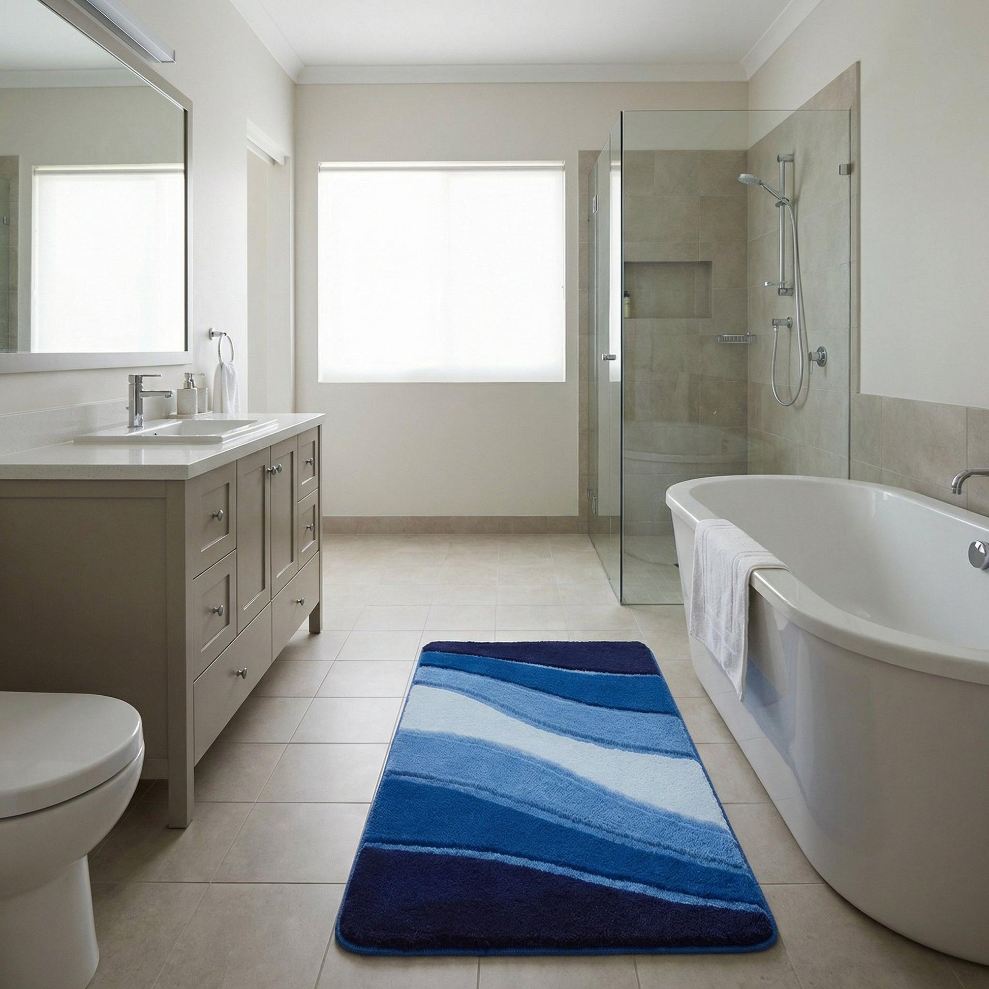 Blau gemusterter Badteppich vor freistehender Wanne im modernen Bad
