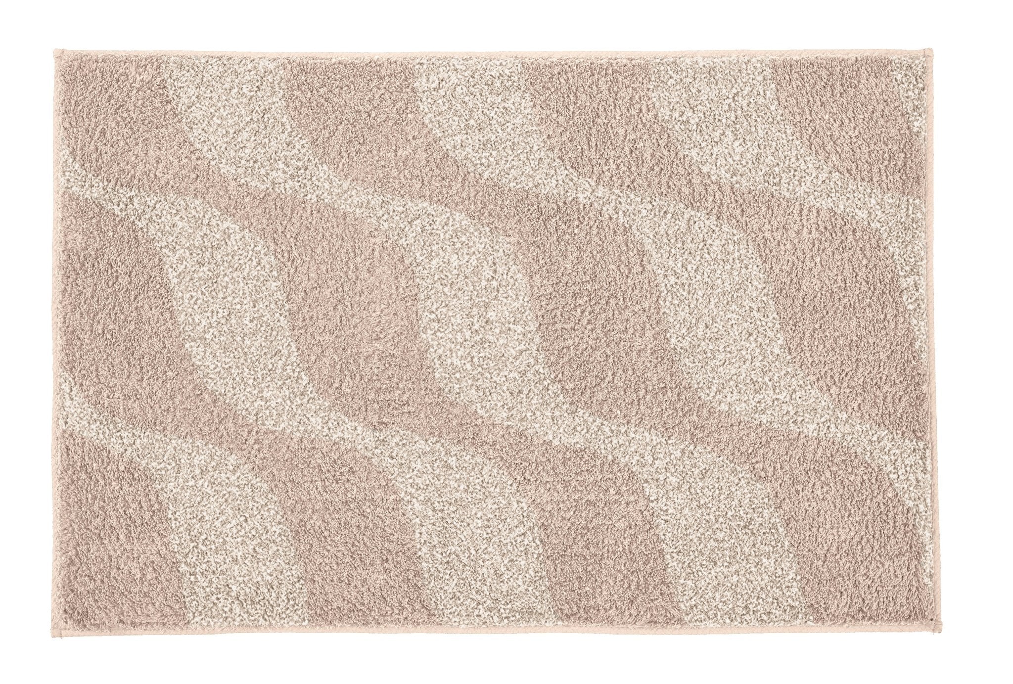 Badteppich ONDA Macadamia 60 x 90 cm mit welligem Beige-Muster liegt rechteckig auf dem Boden.
