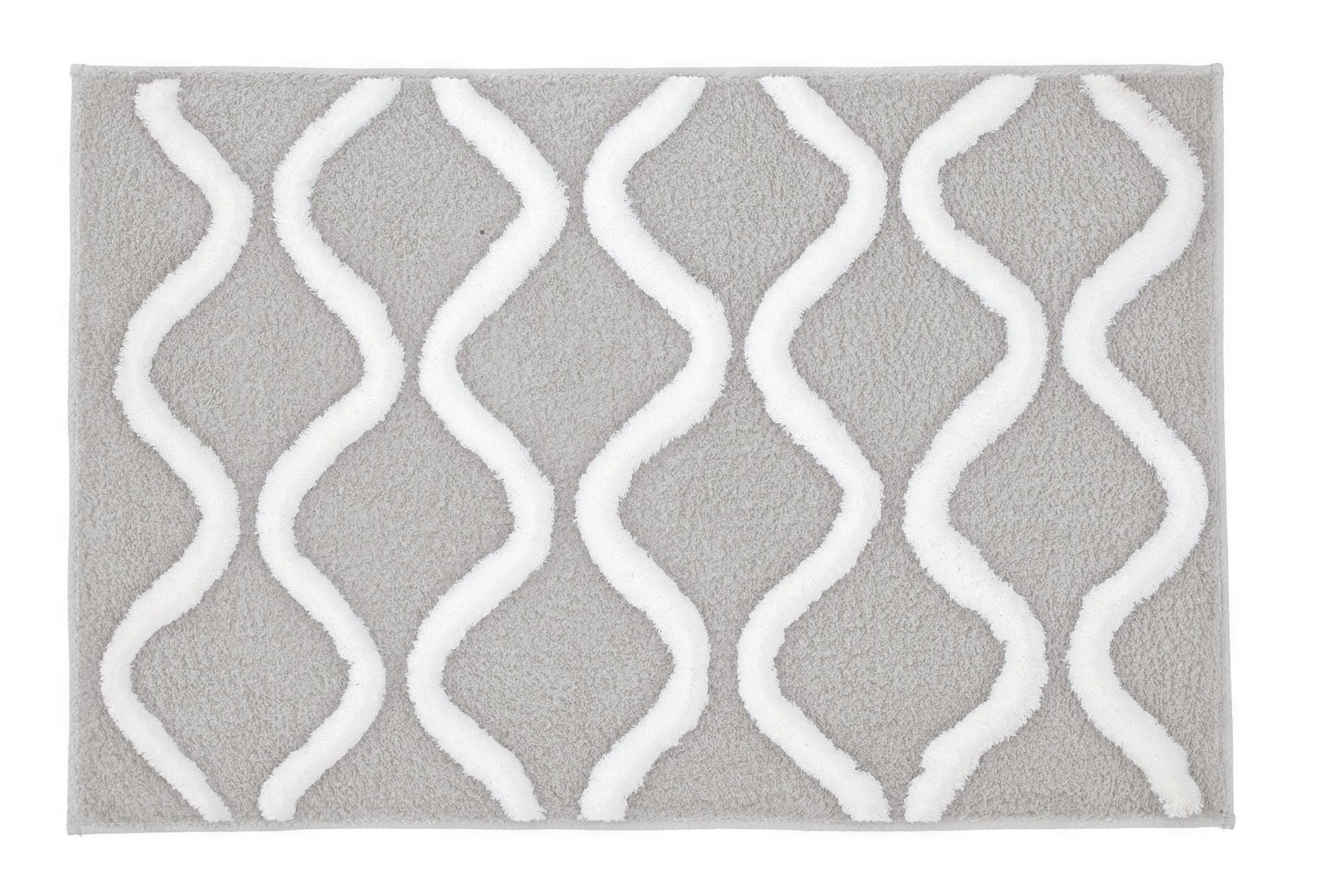 Badteppich PIANA Auster 60 x 90 cm liegt flach mit weißen Wellenlinien auf grauer Fläche.
