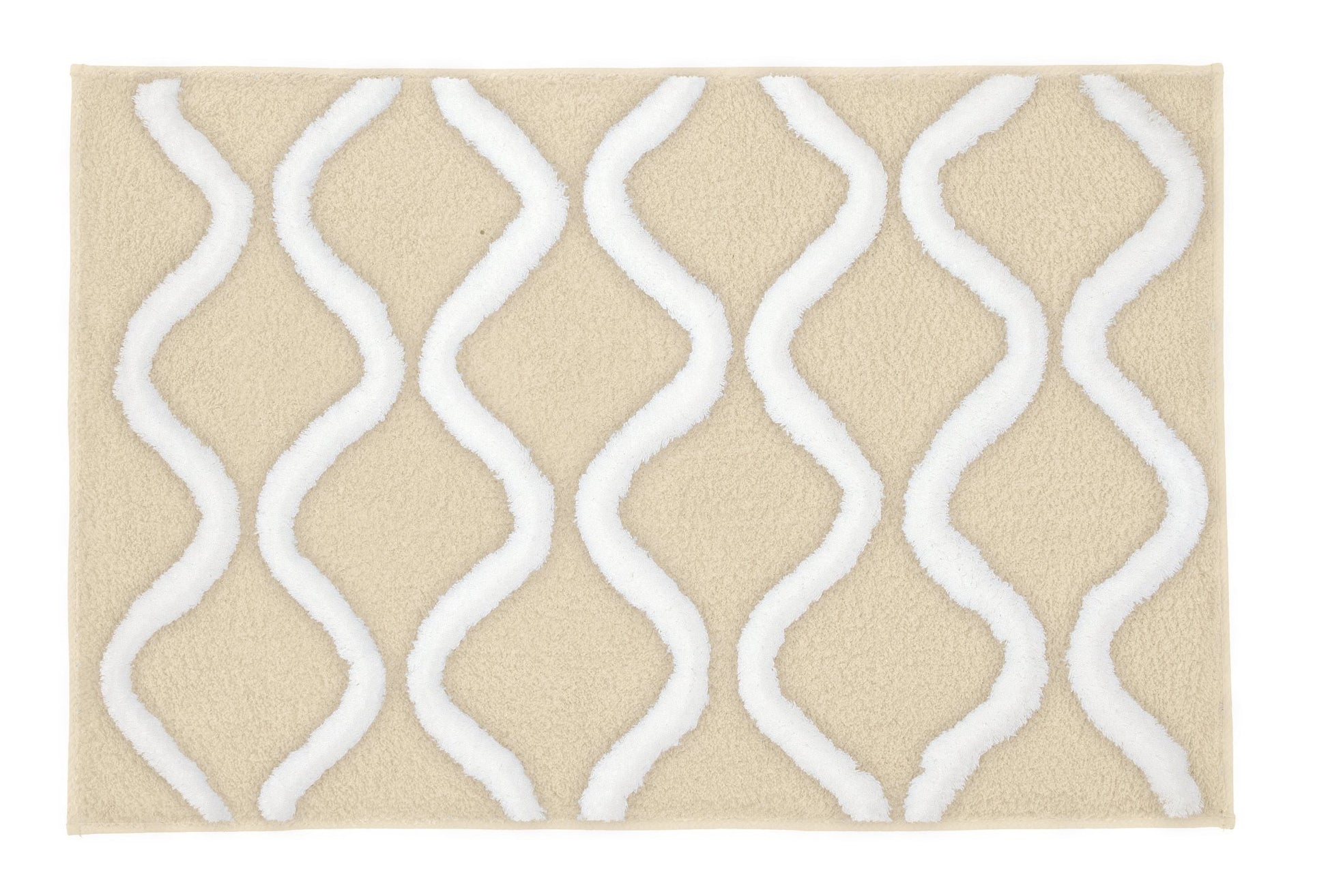 Badteppich PIANA Sandbeige 60 x 90 cm mit weißen, wellenförmigen Linien in Nahaufnahme.