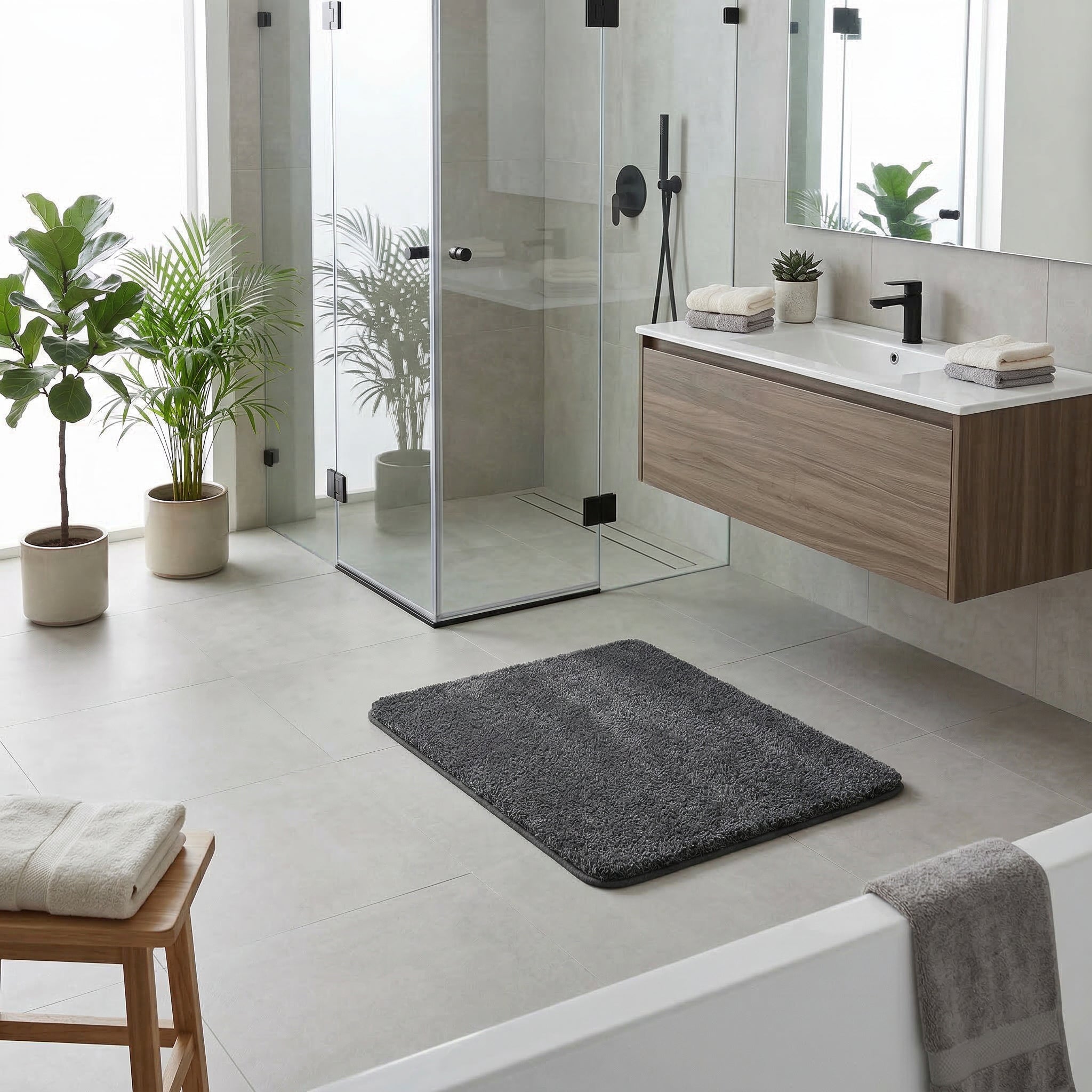 Dunkelgrauer Badteppich vor Glasdusche im hellen modernen Badezimmer