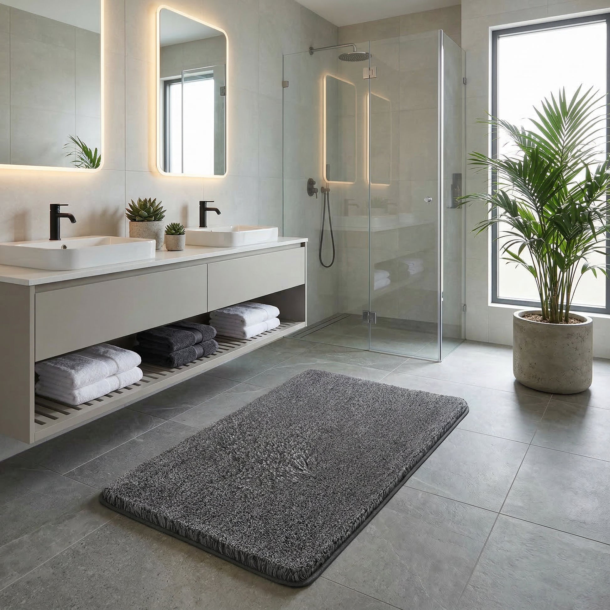 Grauer Badteppich vor Glasdusche im modernen, hellen Bad mit Pflanze.