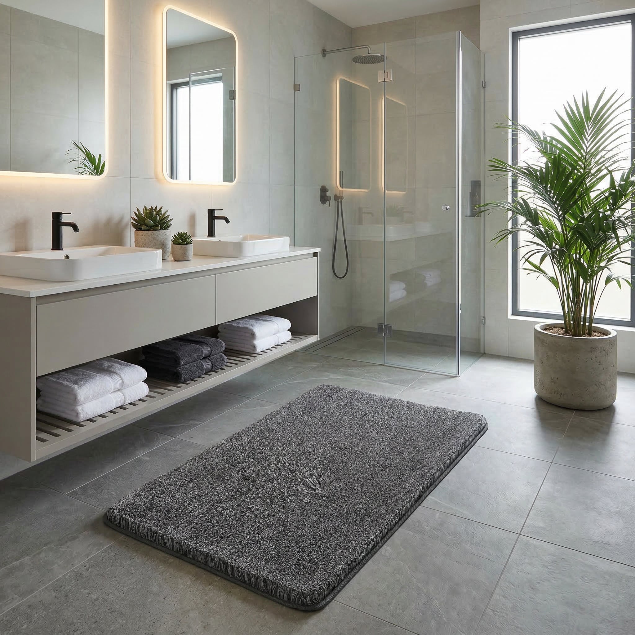 Grauer Badteppich vor Glasdusche im modernen, hellen Bad mit Pflanze.