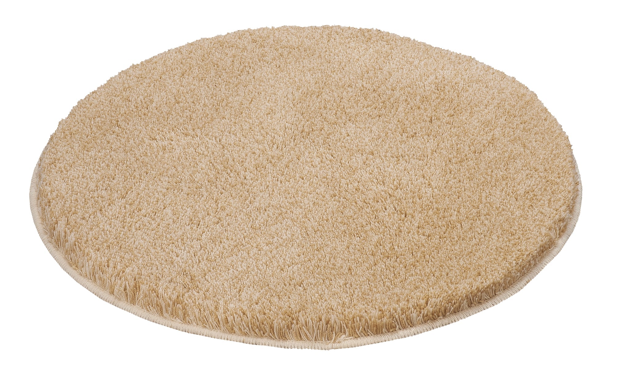 Runder Badteppich RELAX in Champagnerfarbe mit 100 cm Durchmesser liegt flach auf hellem Untergrund.