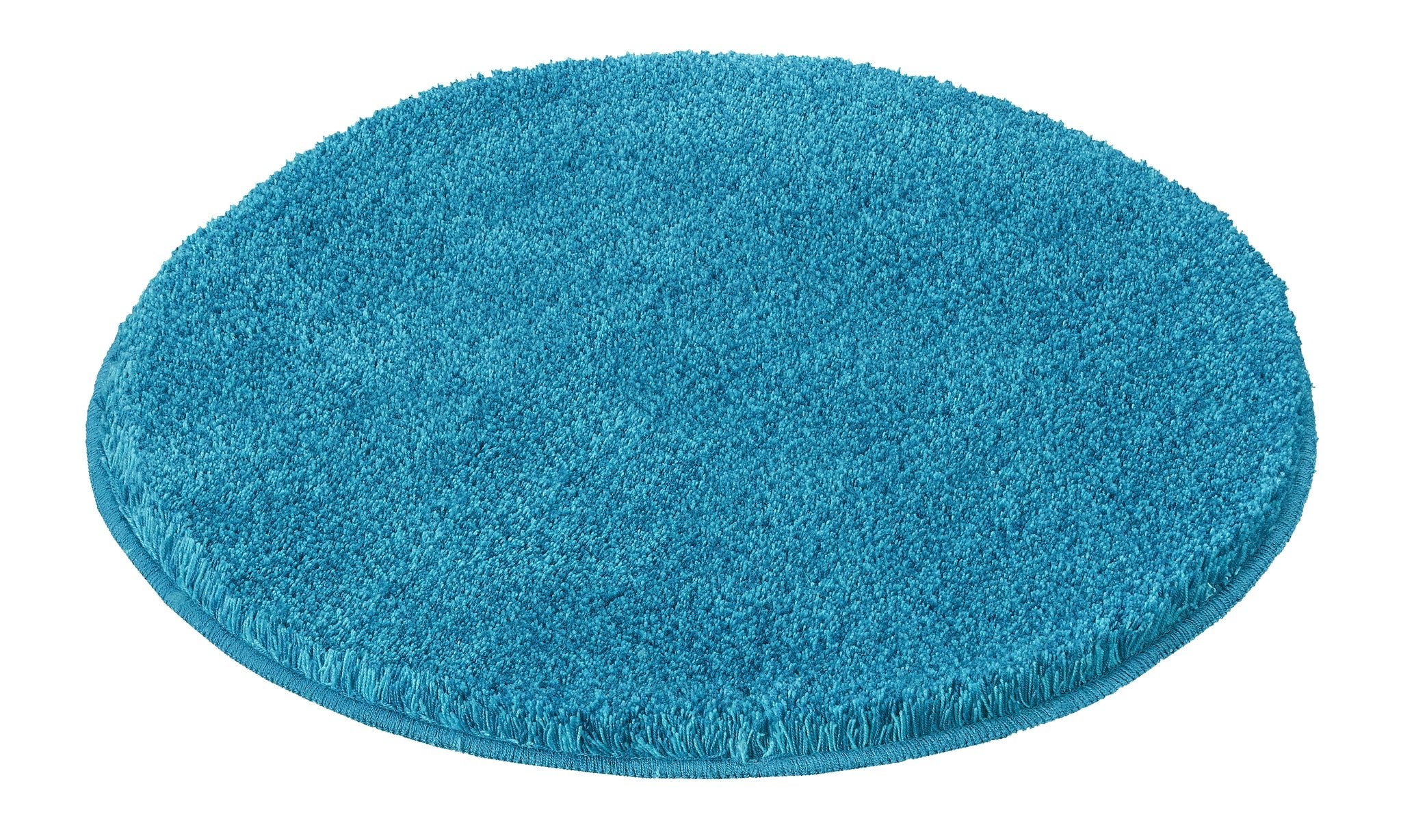 Runder Badteppich RELAX Pazifik 100 cm in Türkis liegt flach auf hellem Hintergrund.