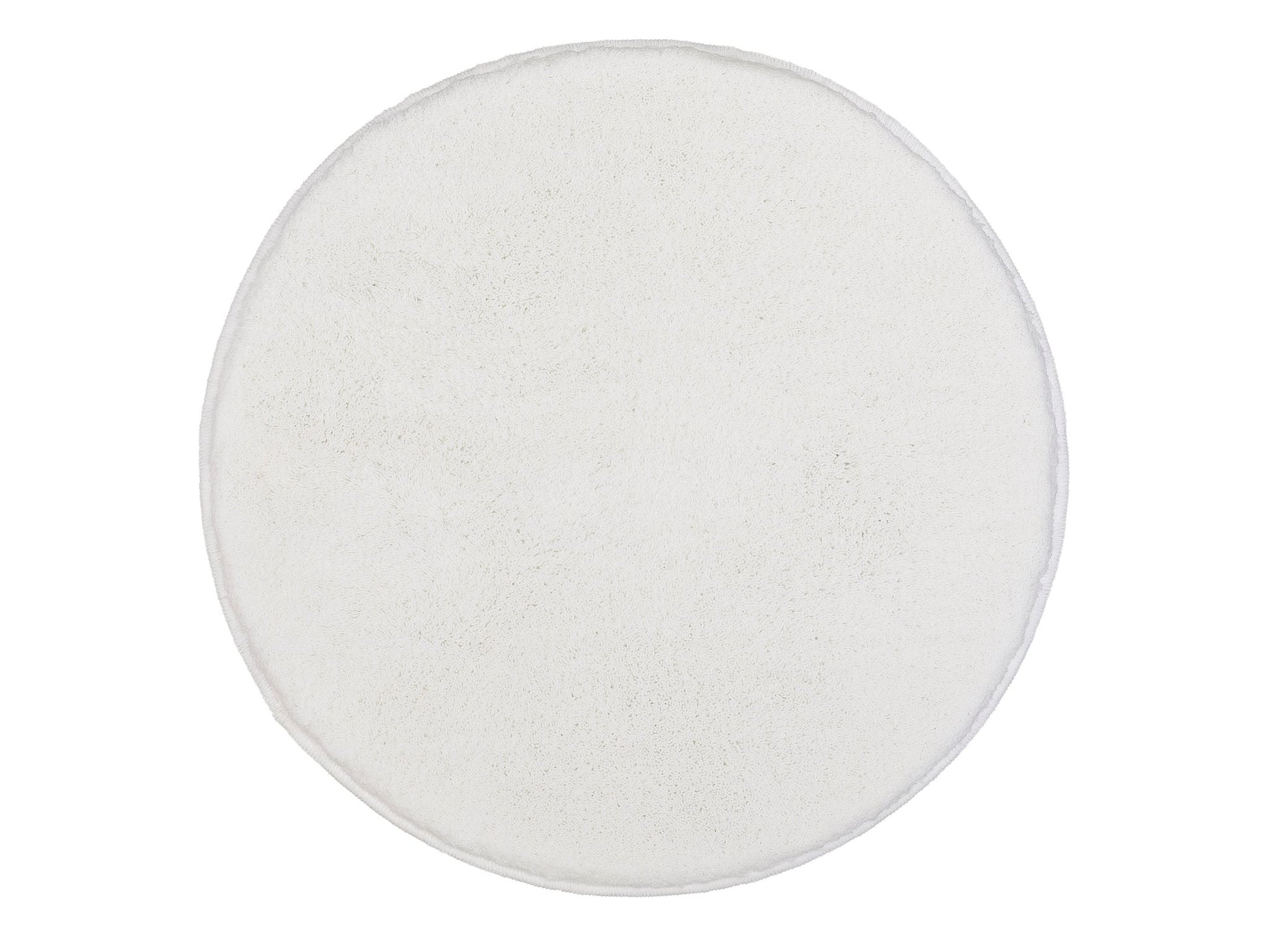 Runder Badteppich RELAX in Polarweiß mit 100 cm Durchmesser liegt auf hellem Untergrund.