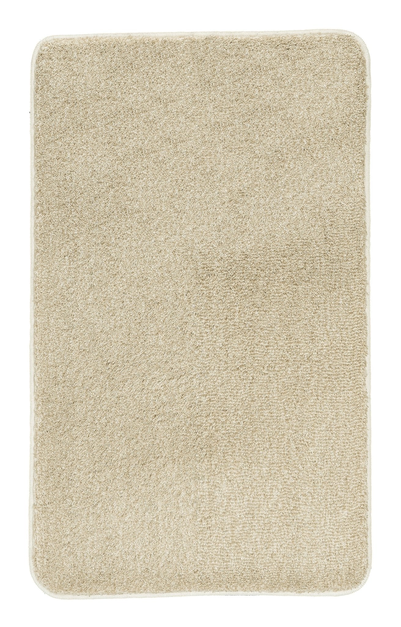 Badteppich RELAX in Sandbeige 50 x 80 cm liegt rechteckig flach auf hellem Untergrund.