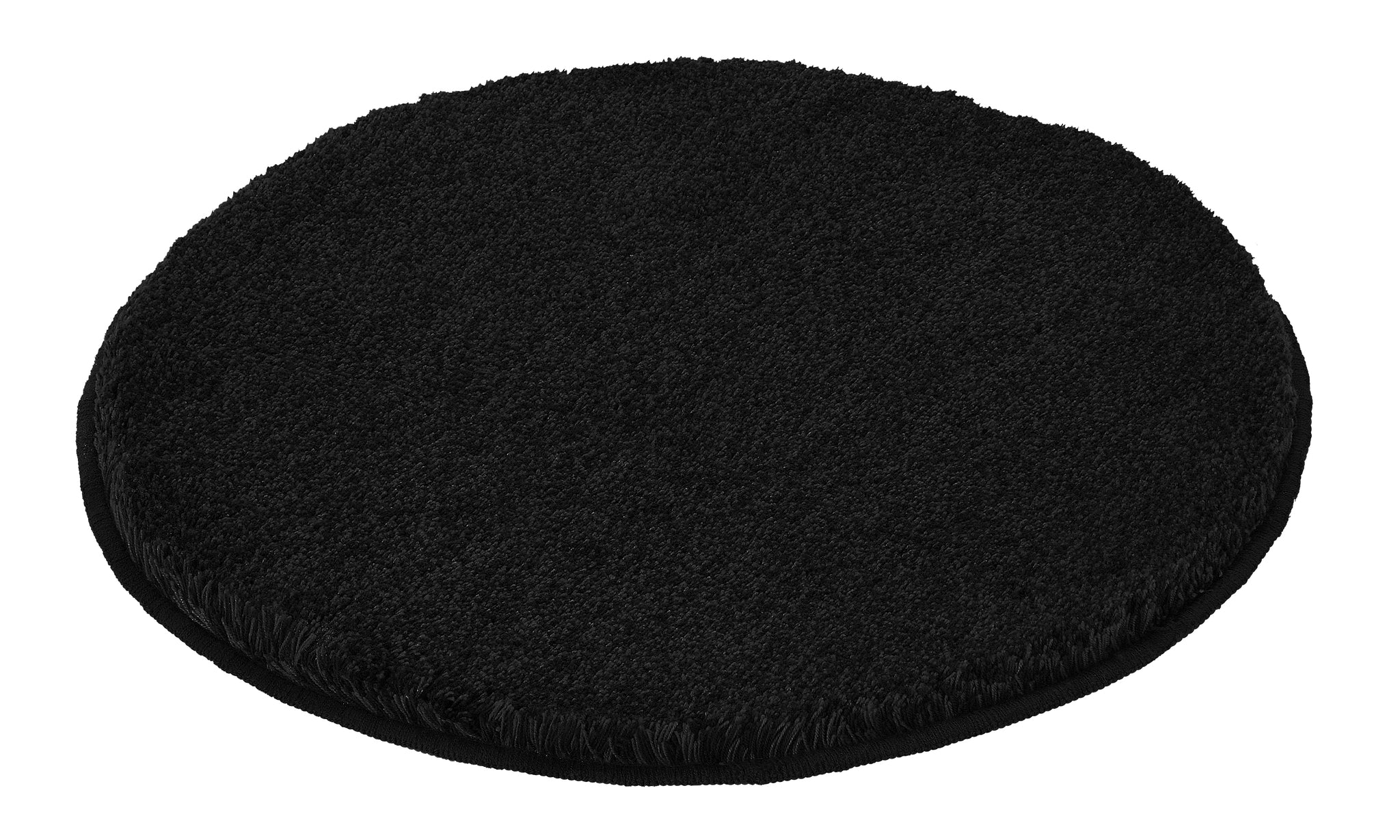 Schwarzer Badteppich RELAX rund mit 100 cm Durchmesser liegt auf hellem Untergrund.