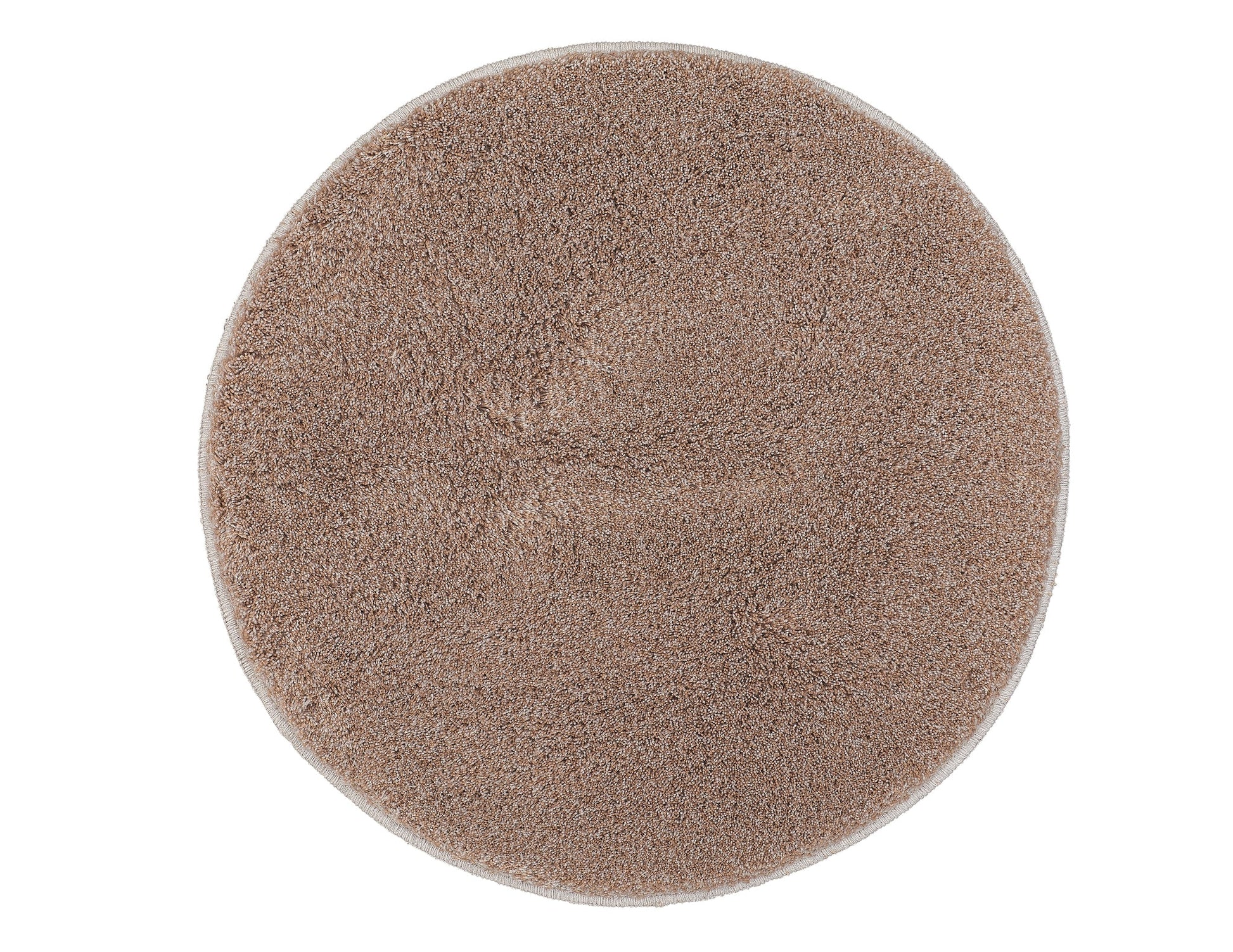 Runder Badteppich RELAX in Taupe mit flauschiger Oberfläche wird von oben gezeigt.