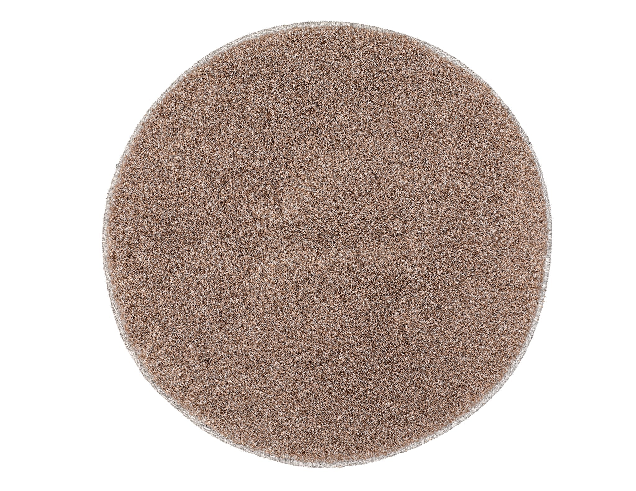 Runder Badteppich RELAX in Taupe mit flauschiger Oberfläche wird von oben gezeigt.