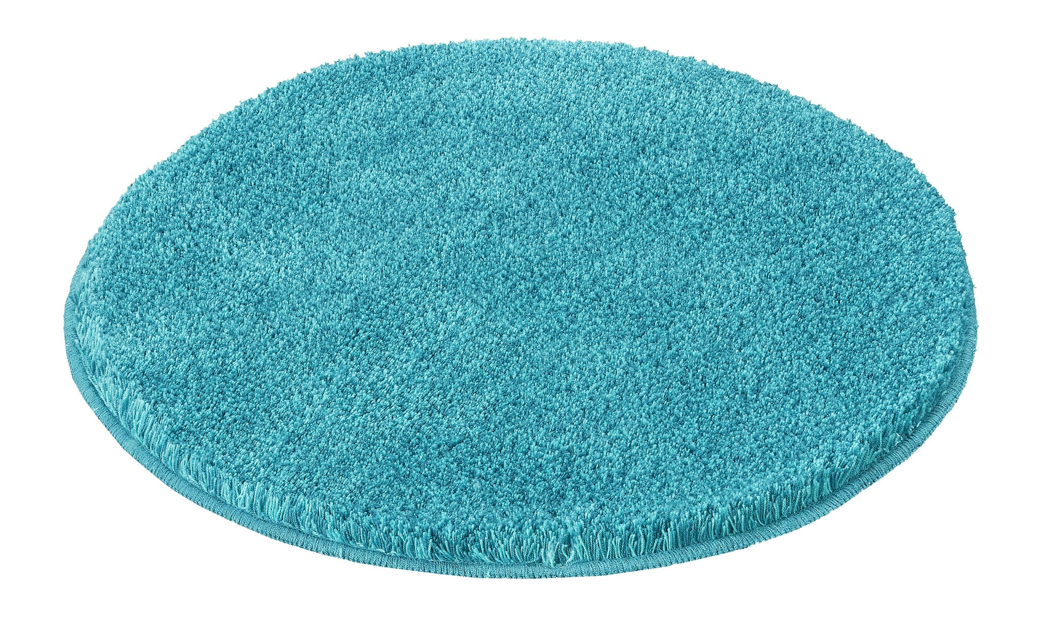 Runder Badteppich RELAX in Türkis mit dichtem Flor liegt auf hellem Untergrund.