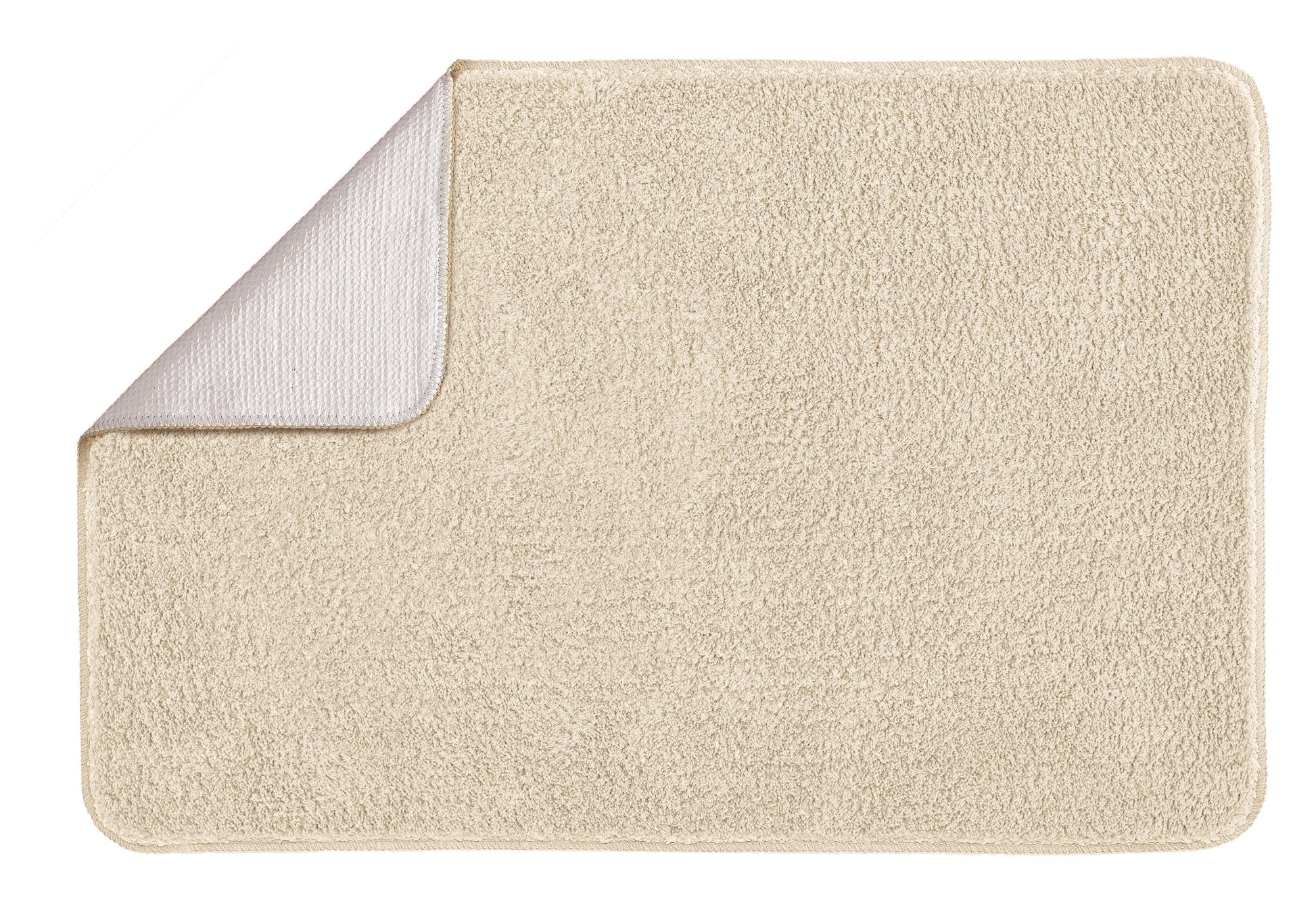 Beiger rechteckiger Badteppich mit leicht umgeschlagener Ecke oben links