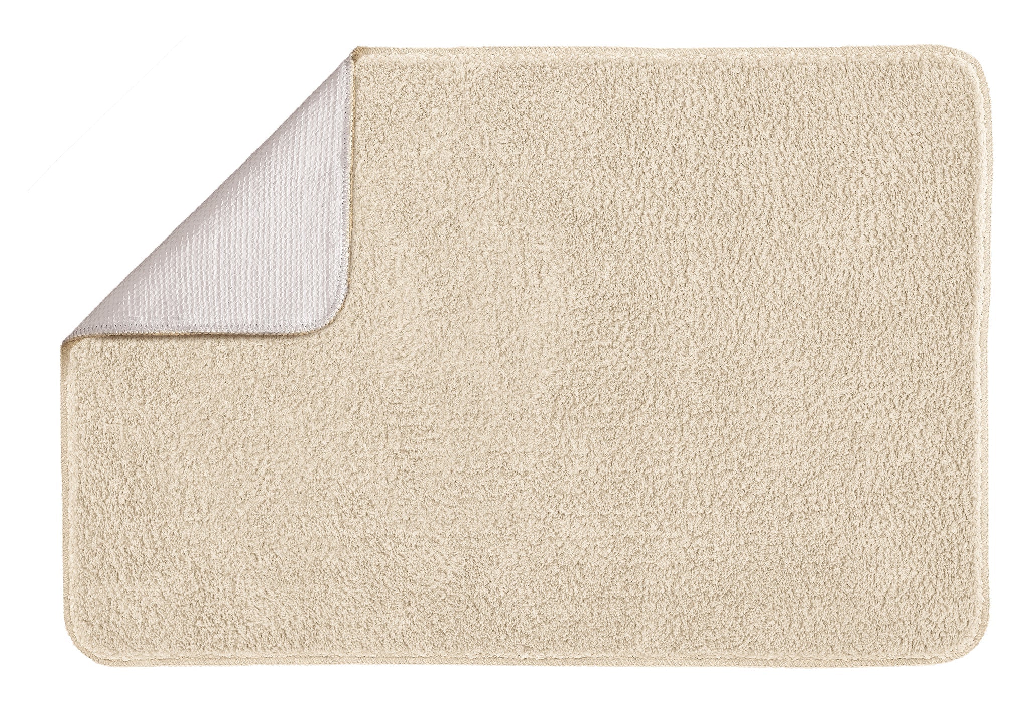 Beiger rechteckiger Badteppich mit leicht umgeschlagener Ecke oben links