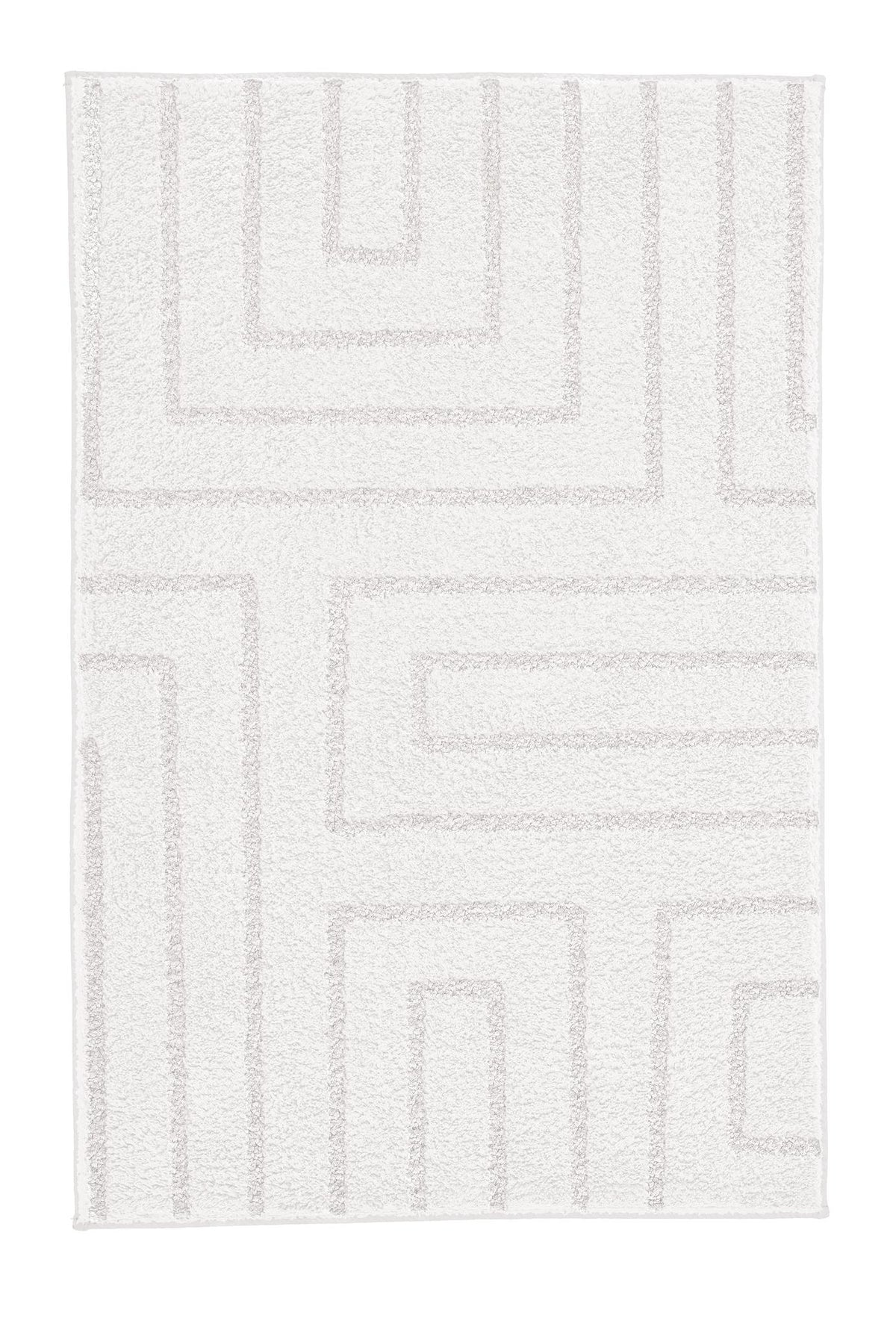 Weißer Badteppich mit geometrischem Linienmuster.