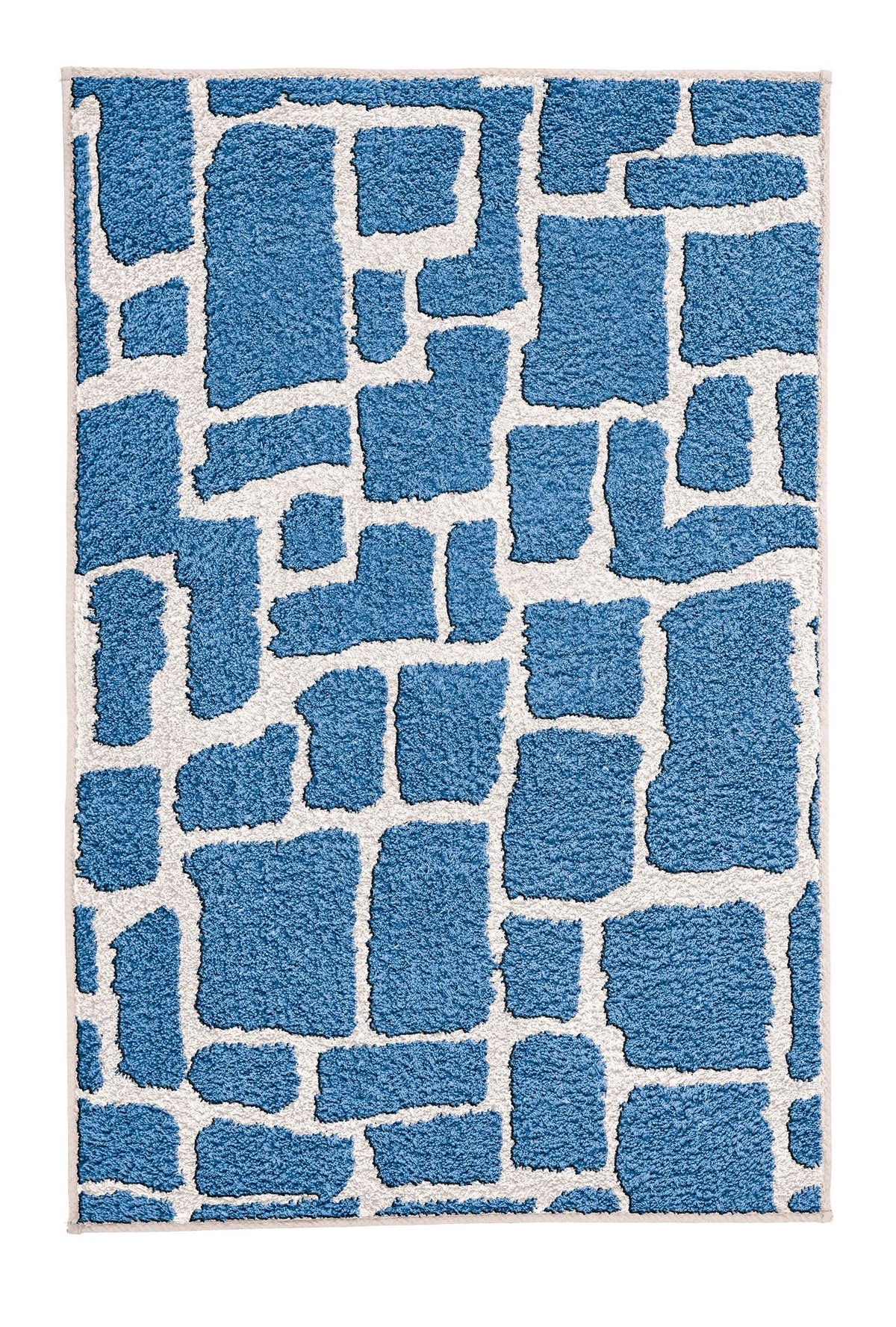 Blauer Badteppich mit cremefarbenem, geometrischem Blockmuster.