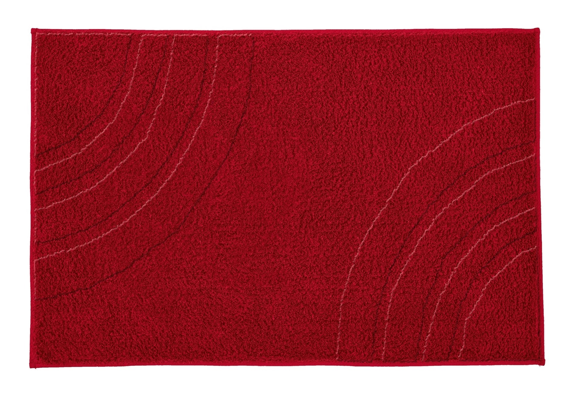 Badteppich SATURN Granat 80 x 140 cm liegt flach mit Bogenmuster in kräftigem Rot.