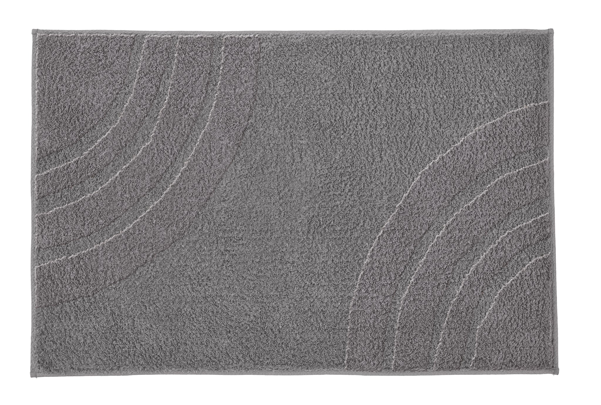 Badteppich SATURN in Grau 70x120 cm mit dezentem Bogenmuster liegt flach auf hellem Hintergrund.