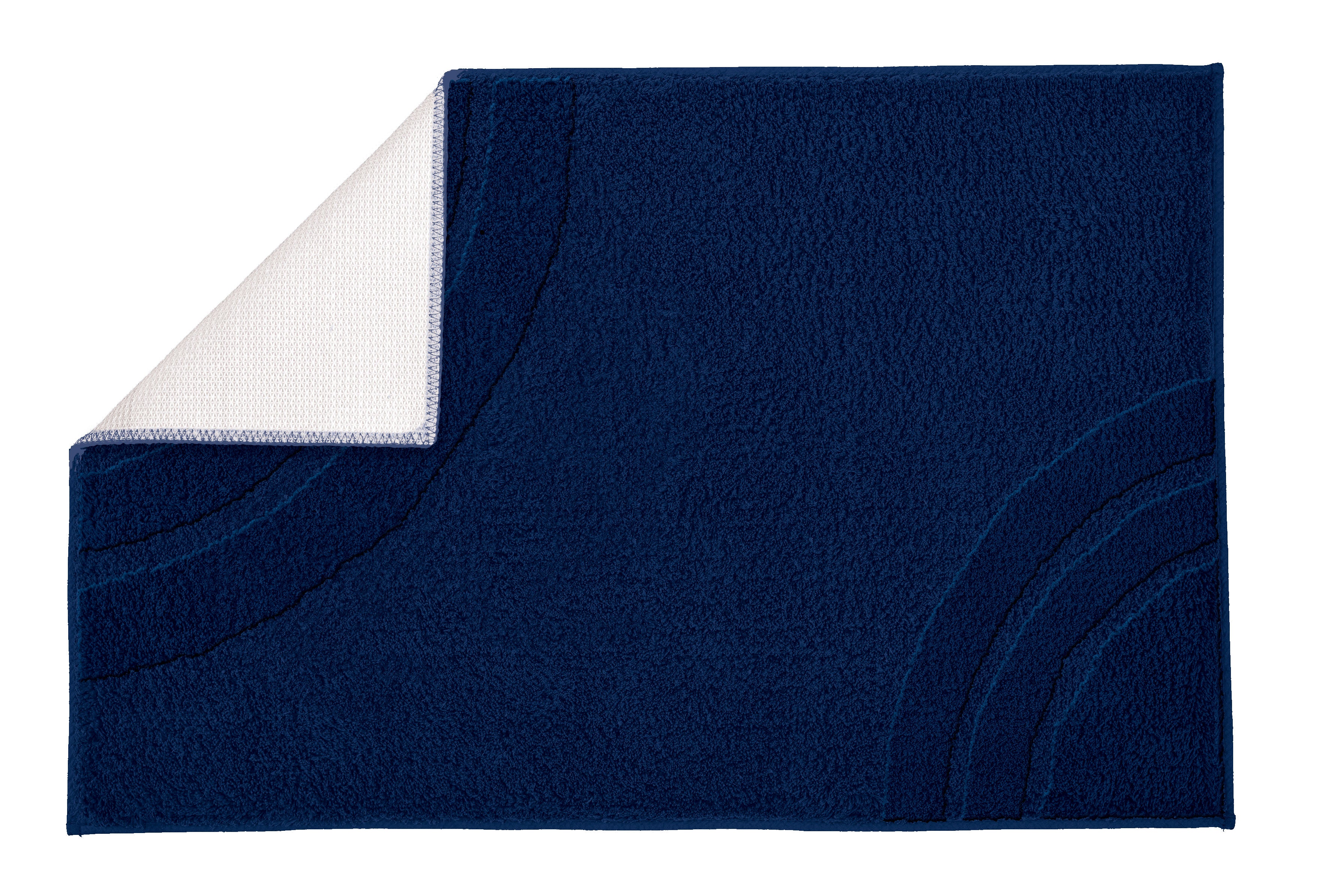 Dunkelblaue Badematte mit geschwungenem Muster, Ecke umgeschlagen
