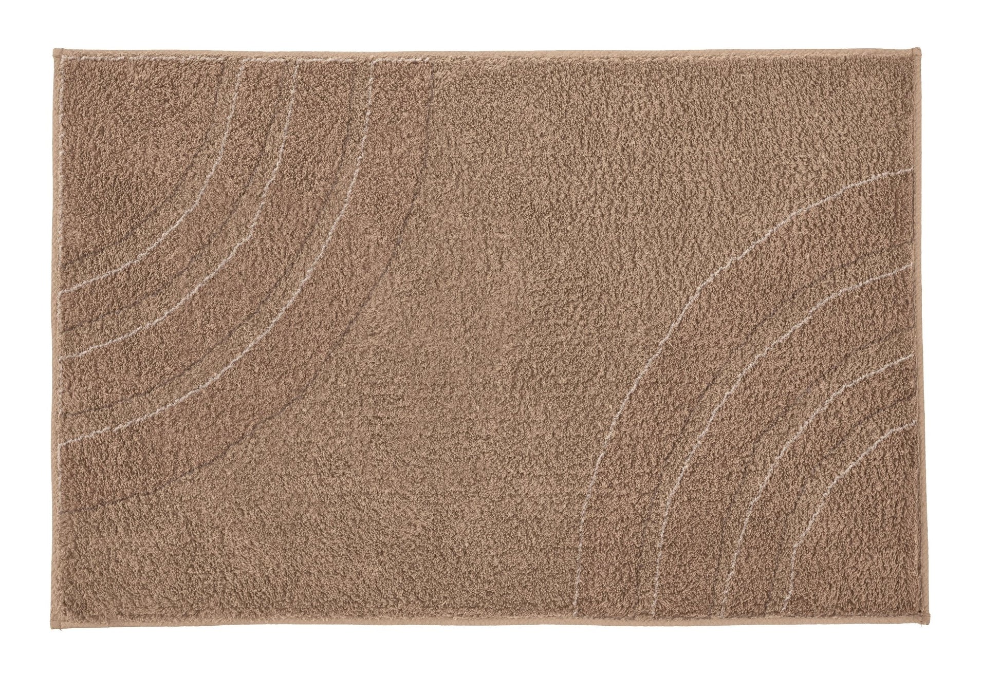Badteppich SATURN Taupe 60 x 100 cm liegt flach und zeigt ein dezentes Bogenmuster.