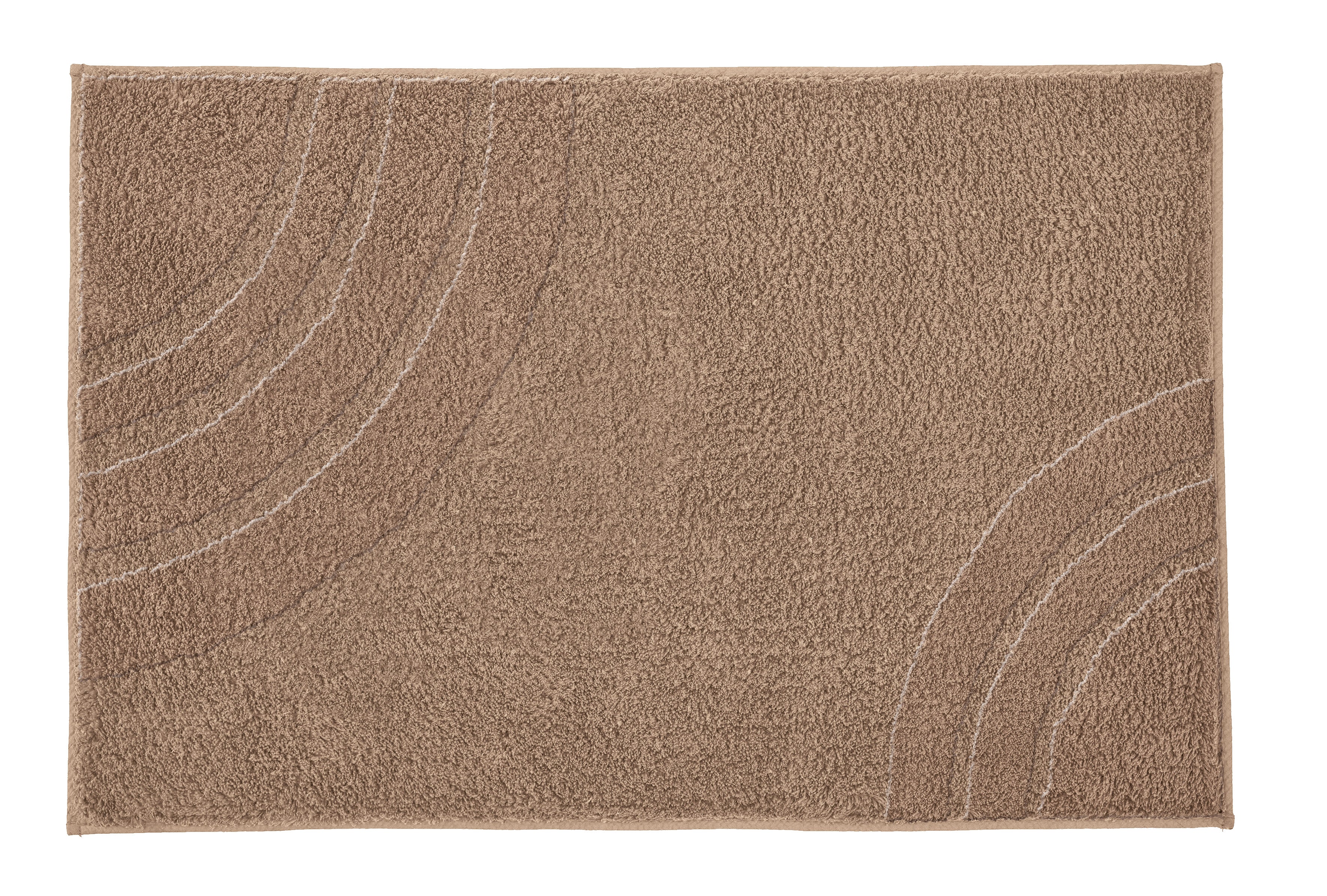 Rechteckige beigefarbene Badematte mit dezentem Bogenlinien-Muster