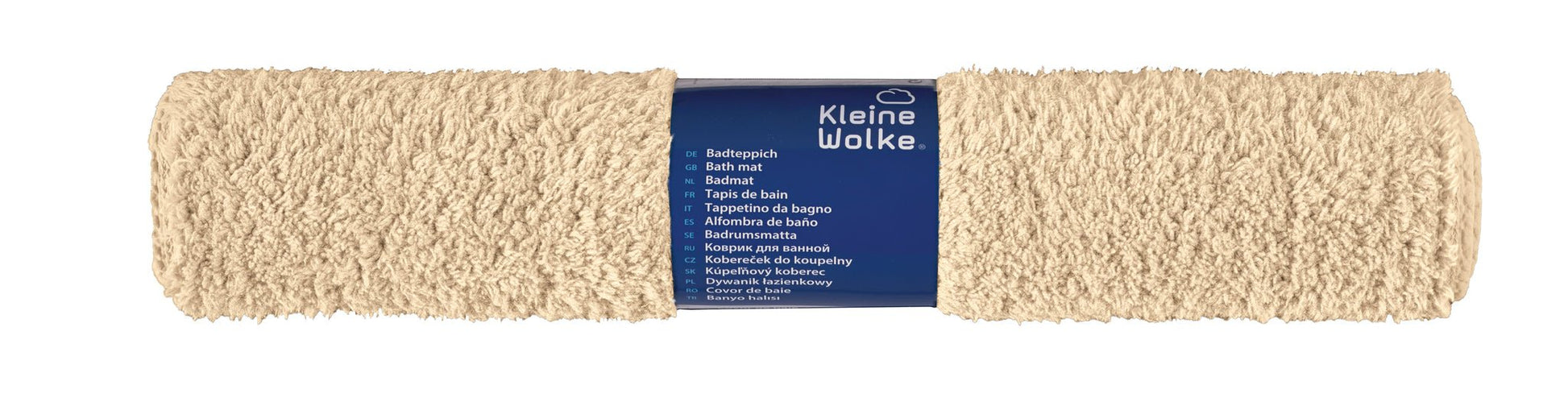 Beigefarbene, aufgerollte Badematte mit blauem Kleine-Wolke-Etikett