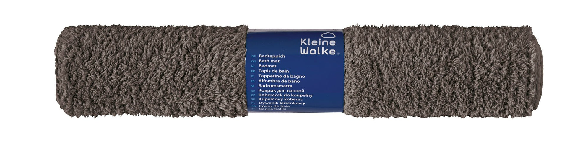 Graue rechteckige Badematte mit dichtem Flor, gerollt mit Etikett
