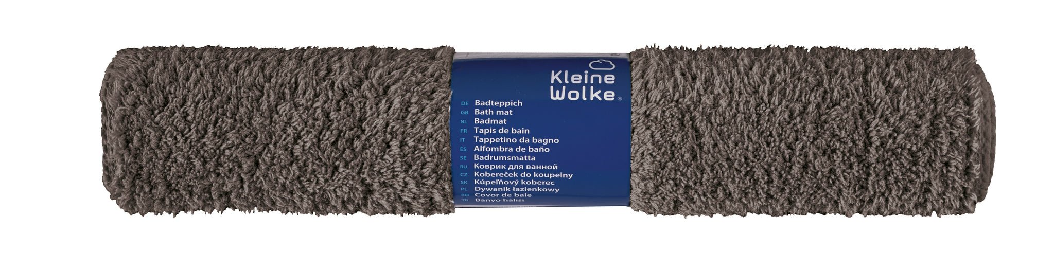 Graue rechteckige Badematte mit dichtem Flor, gerollt mit Etikett