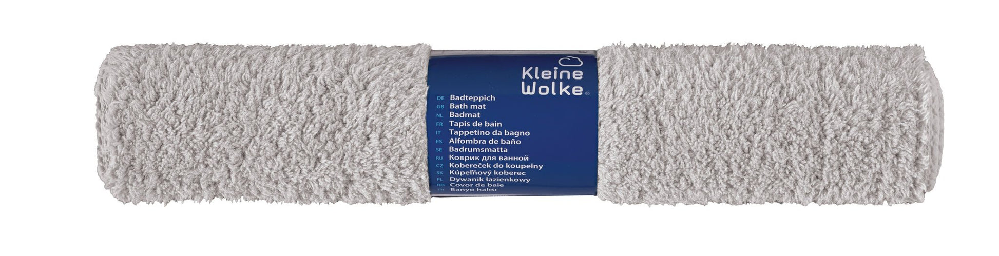Gerollter hellgrauer Badteppich mit blauem Kleine-Wolke-Label in Folie