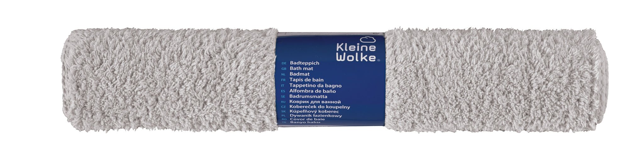 Gerollter hellgrauer Badteppich mit blauem Kleine-Wolke-Label in Folie
