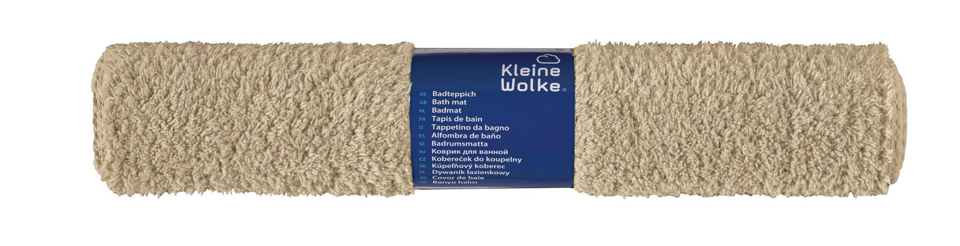 Beiger, gerollter Badteppich aus Hochflor mit blauer Markenbanderole