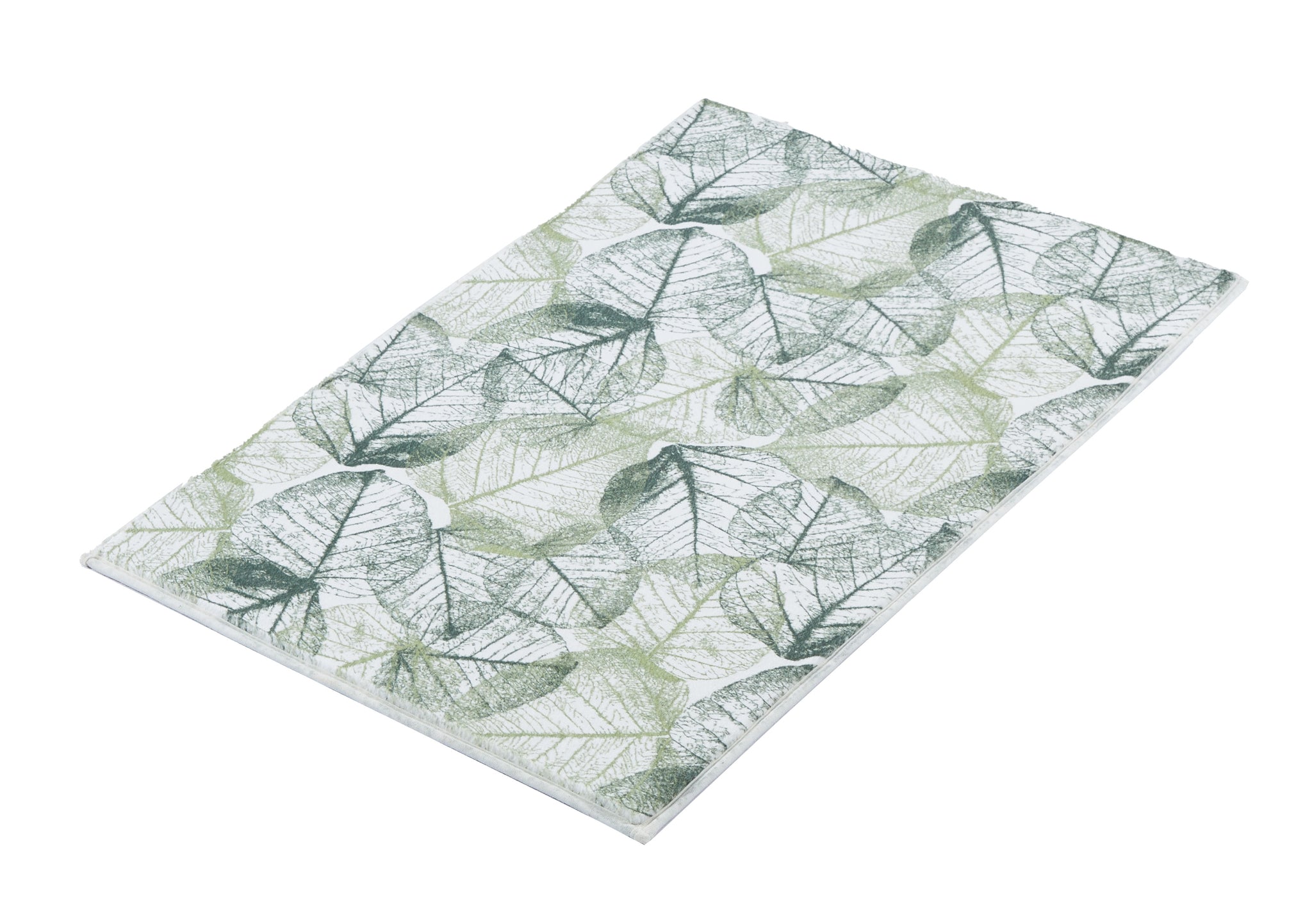 Badteppich SELVA Forest 70 x 120 cm mit grünem Blattmuster liegt flach auf weißem Hintergrund.