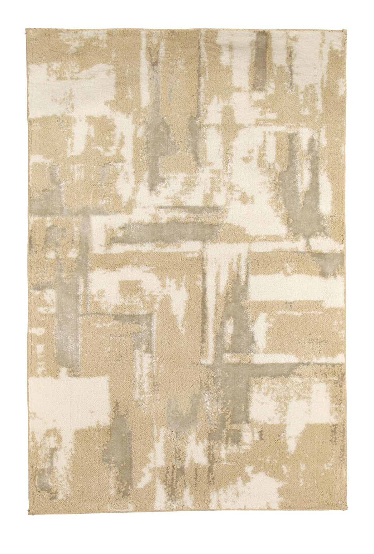 Abstrakter Teppich in Beige und Goldfarbig mit verwaschenem Muster.
