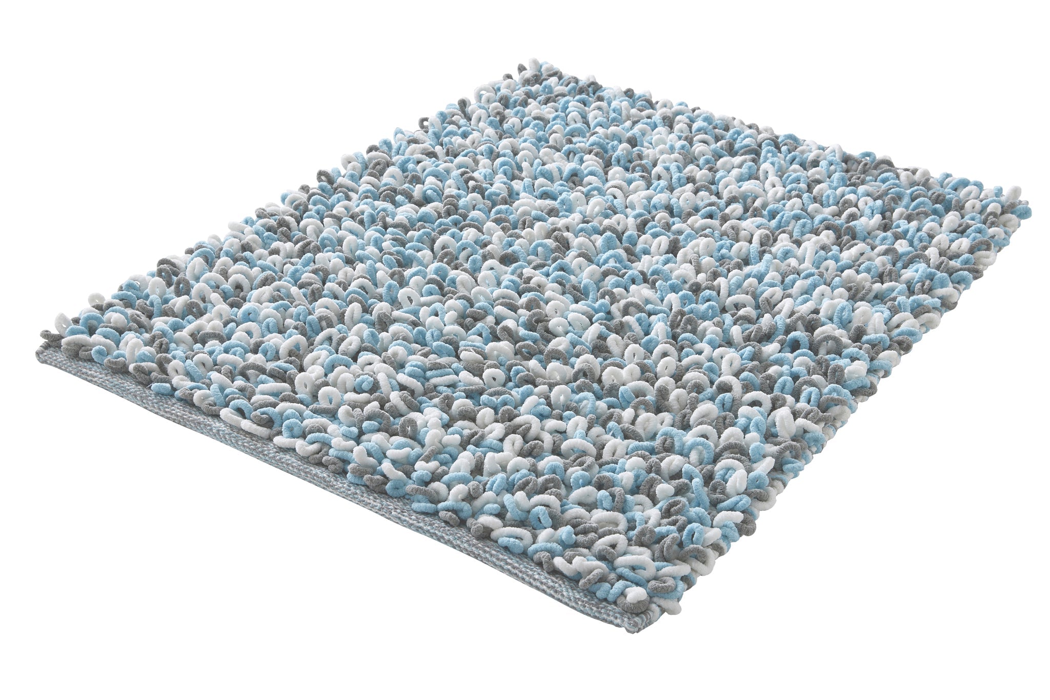 Badteppich SLING Opal 55 x 65 cm mit blauen, grauen und weißen Schlingen auf weißem Hintergrund.