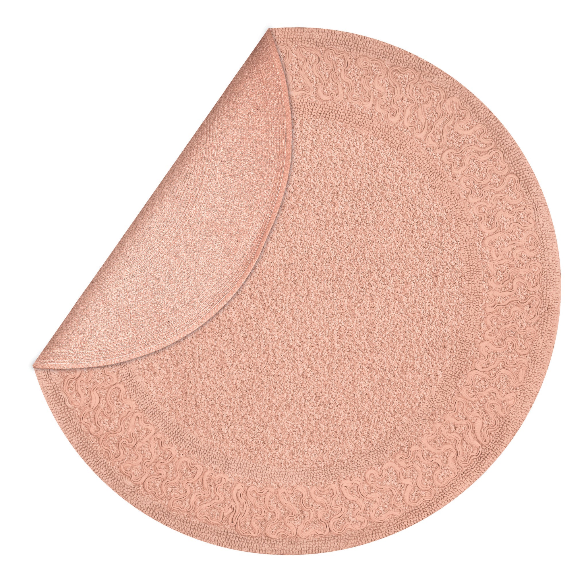 Runde rosafarbene Badematte mit ornamentierter Bordüre, Ecke umgeschlagen
