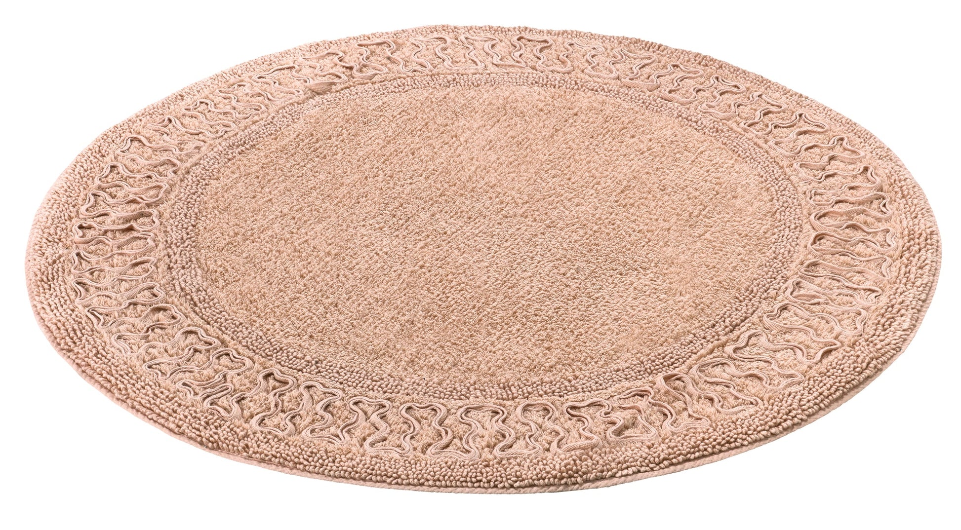 Runde beigefarbene Badematte aus Stoff mit ornamentalem Randmuster