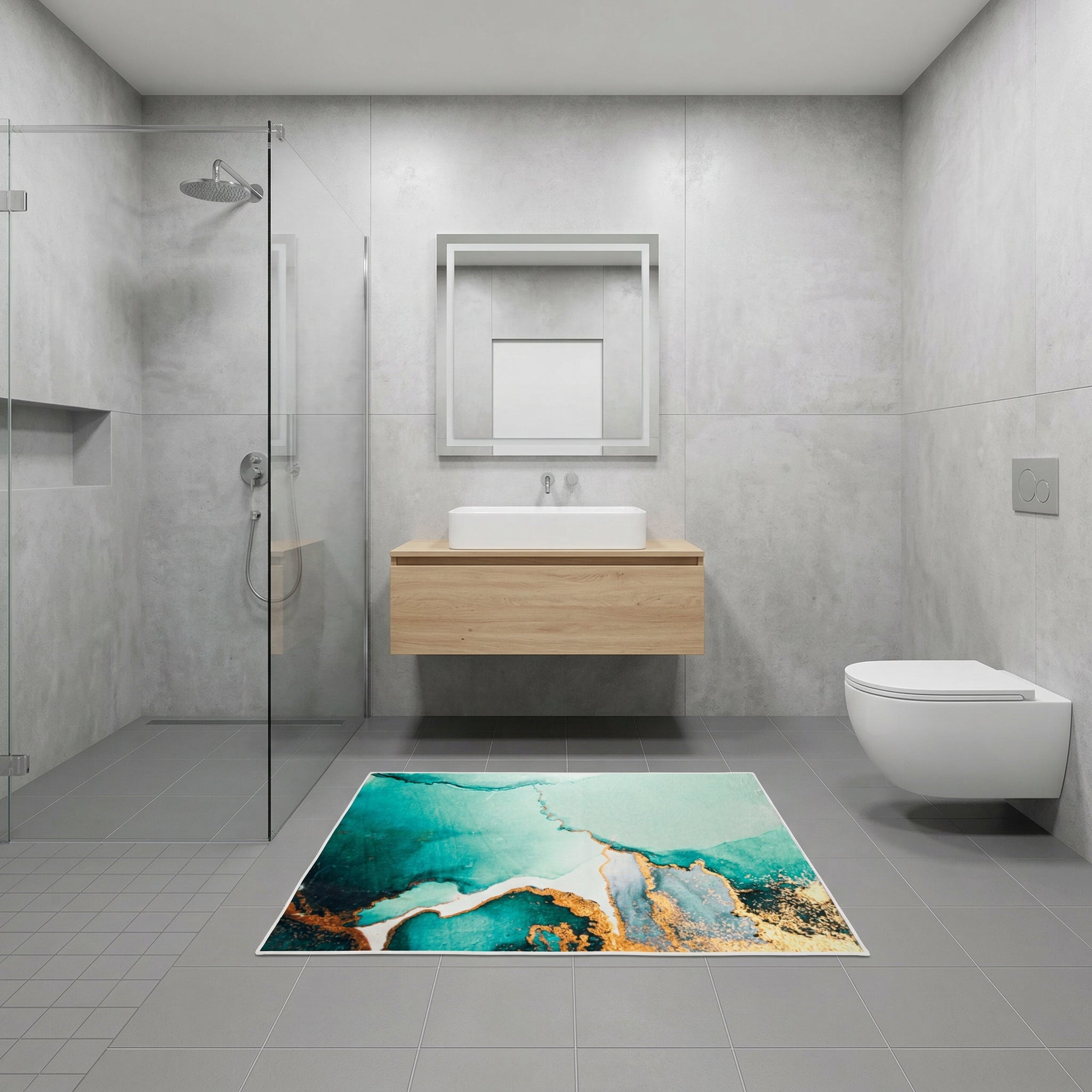 Modernes Bad mit Dusche, Wand-WC und türkisfarbenem Badteppich