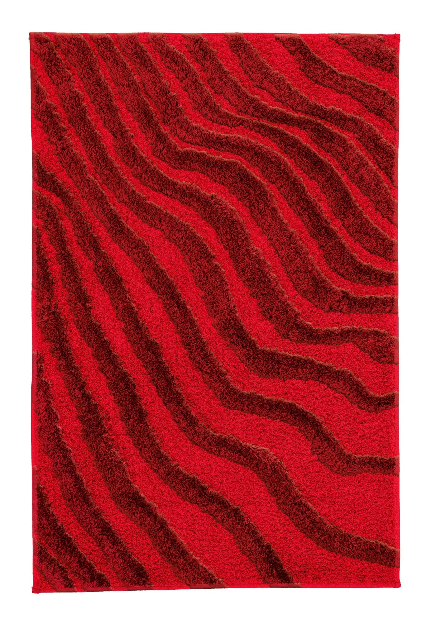 Roter Badteppich mit dunkelrotem, wellenförmigem Linienmuster aus Textil